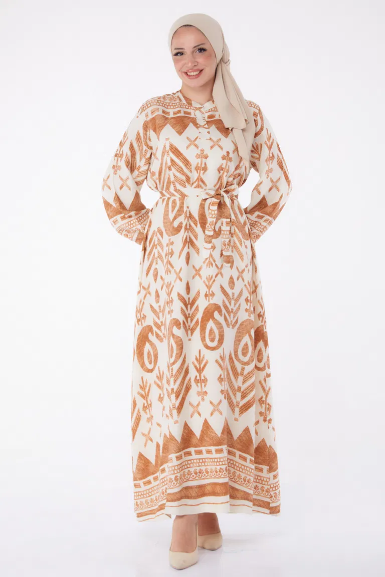 Düz Hakim Yaka Kadın Taba Desenli Kuşaklı Elbise - 26016 - TOFİSA