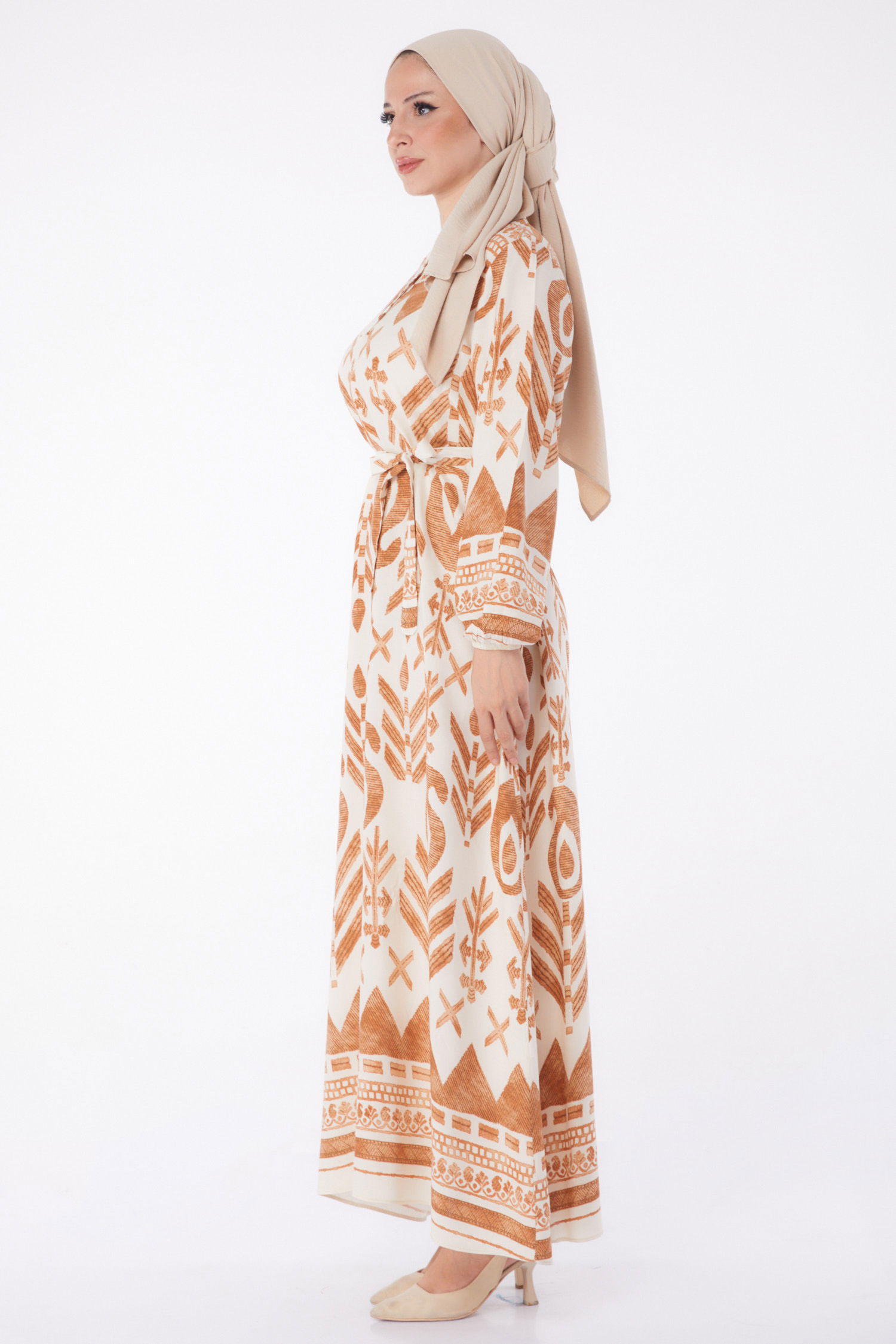 Düz Hakim Yaka Kadın Taba Desenli Kuşaklı Elbise - 26016 - 4