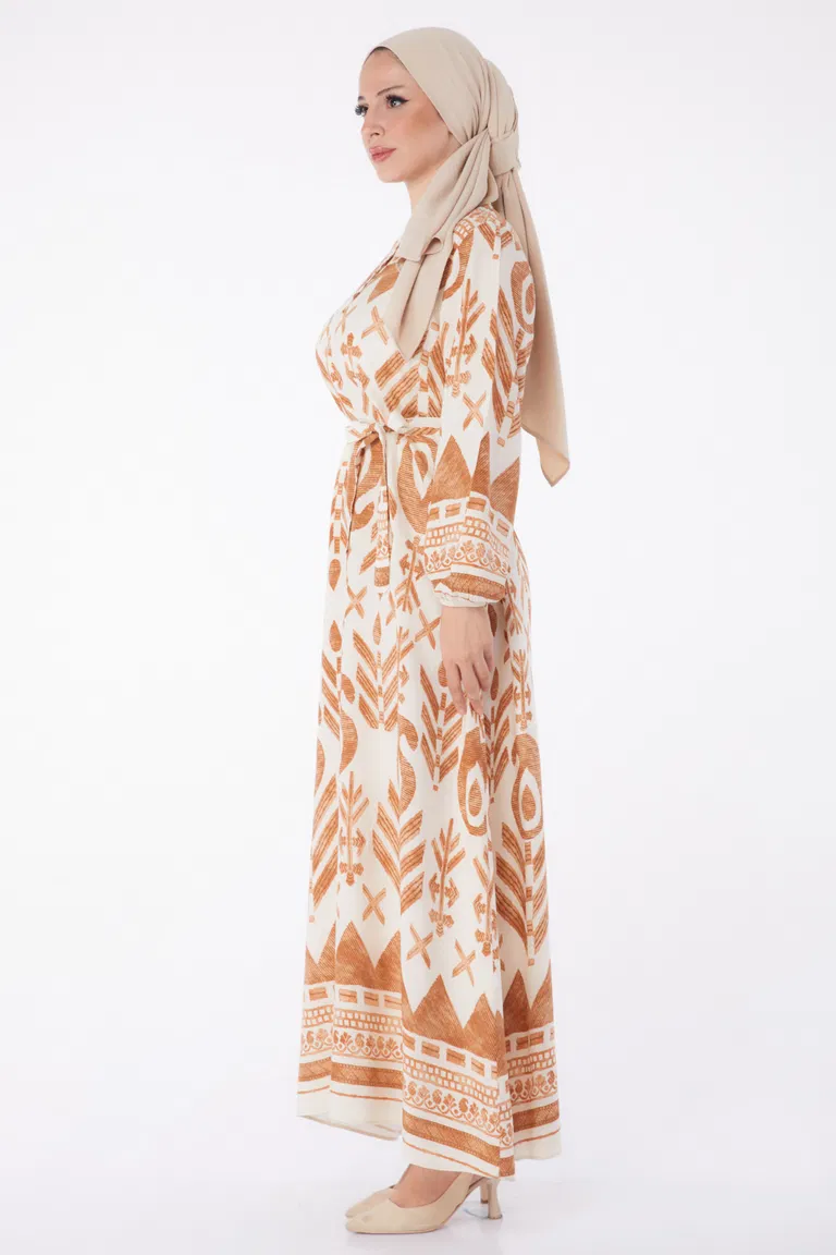 Düz Hakim Yaka Kadın Taba Desenli Kuşaklı Elbise - 26016 - TOFİSA