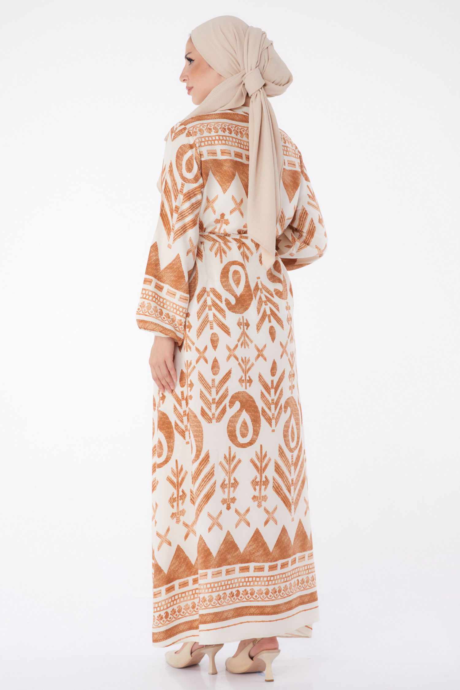 Düz Hakim Yaka Kadın Taba Desenli Kuşaklı Elbise - 26016 - 5