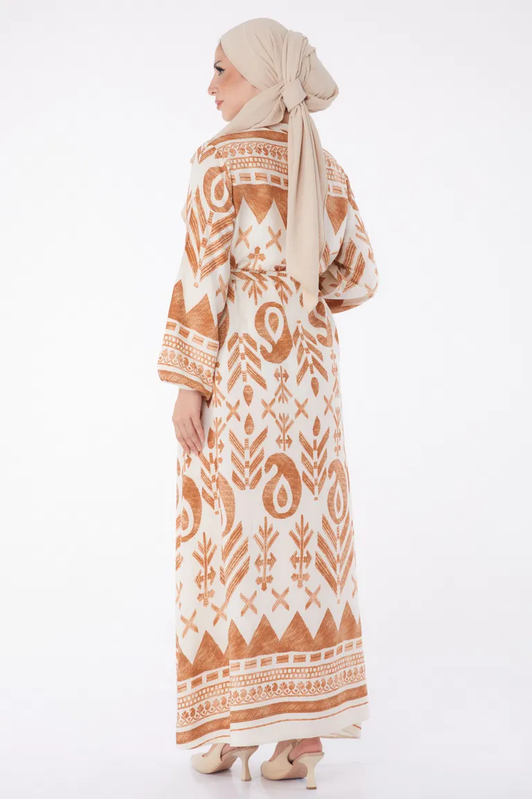 Düz Hakim Yaka Kadın Taba Desenli Kuşaklı Elbise - 26016 - TOFİSA