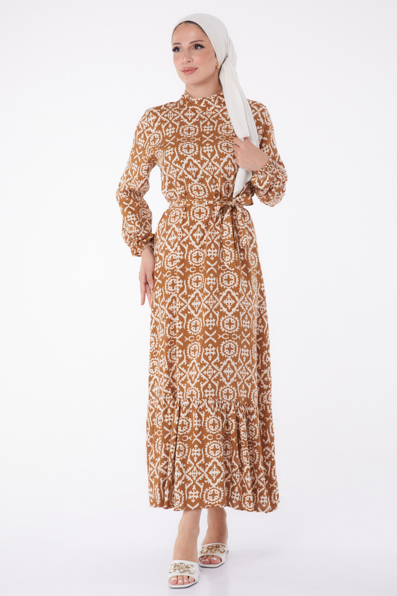 Desenli Kuşaklı Elbise Taba - 26025 - 2