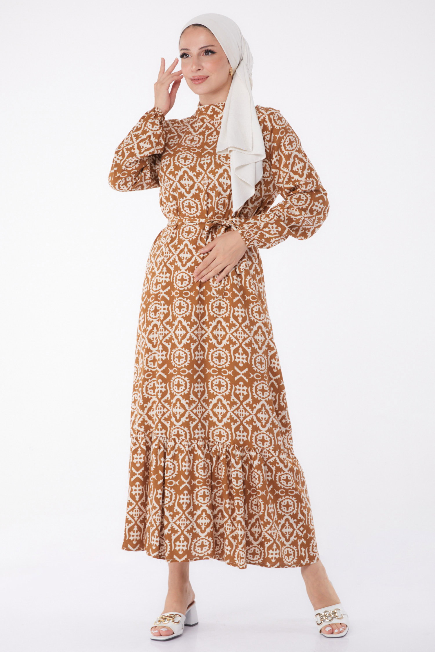Desenli Kuşaklı Elbise Taba - 26025 - 3