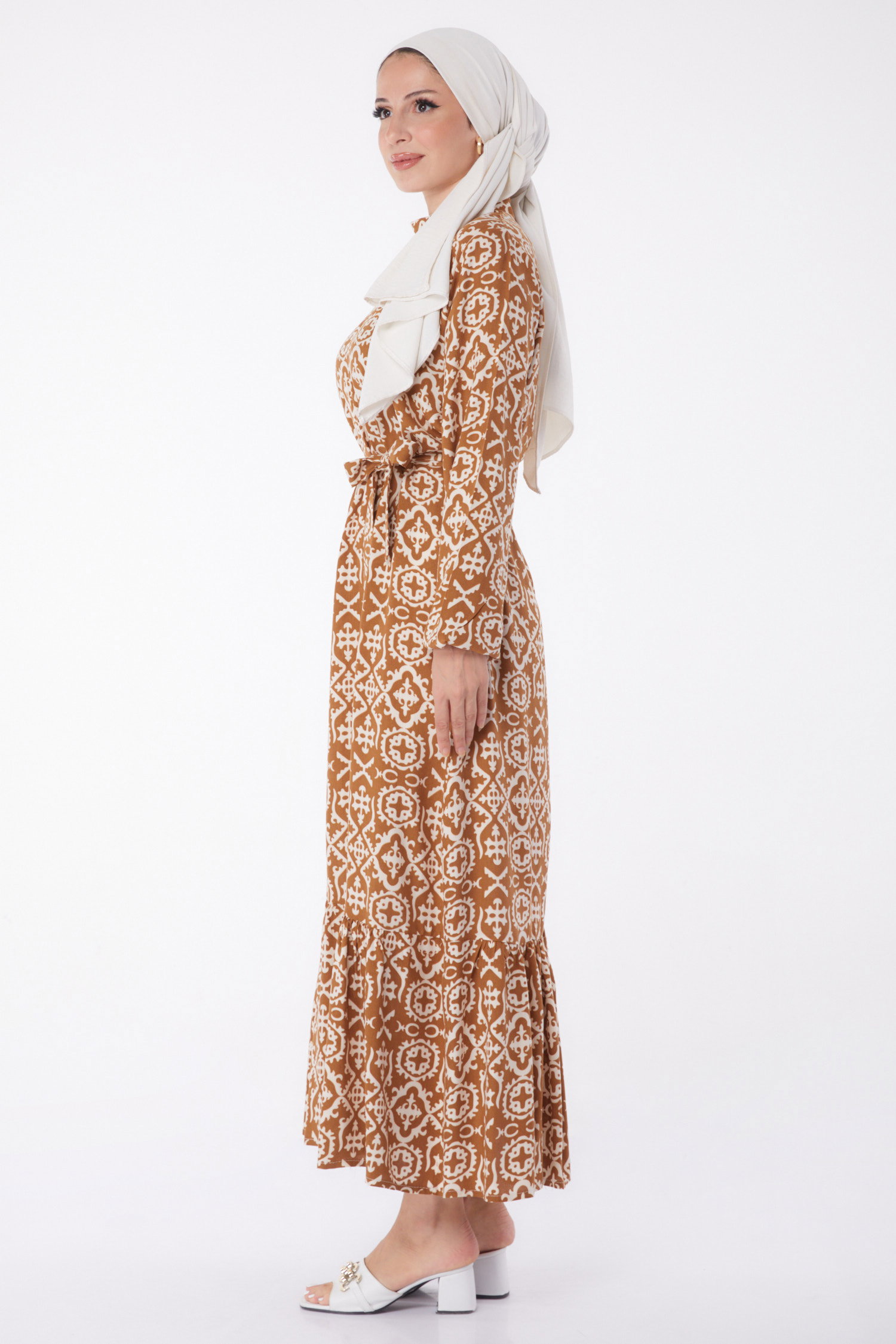 Desenli Kuşaklı Elbise Taba - 26025 - 5