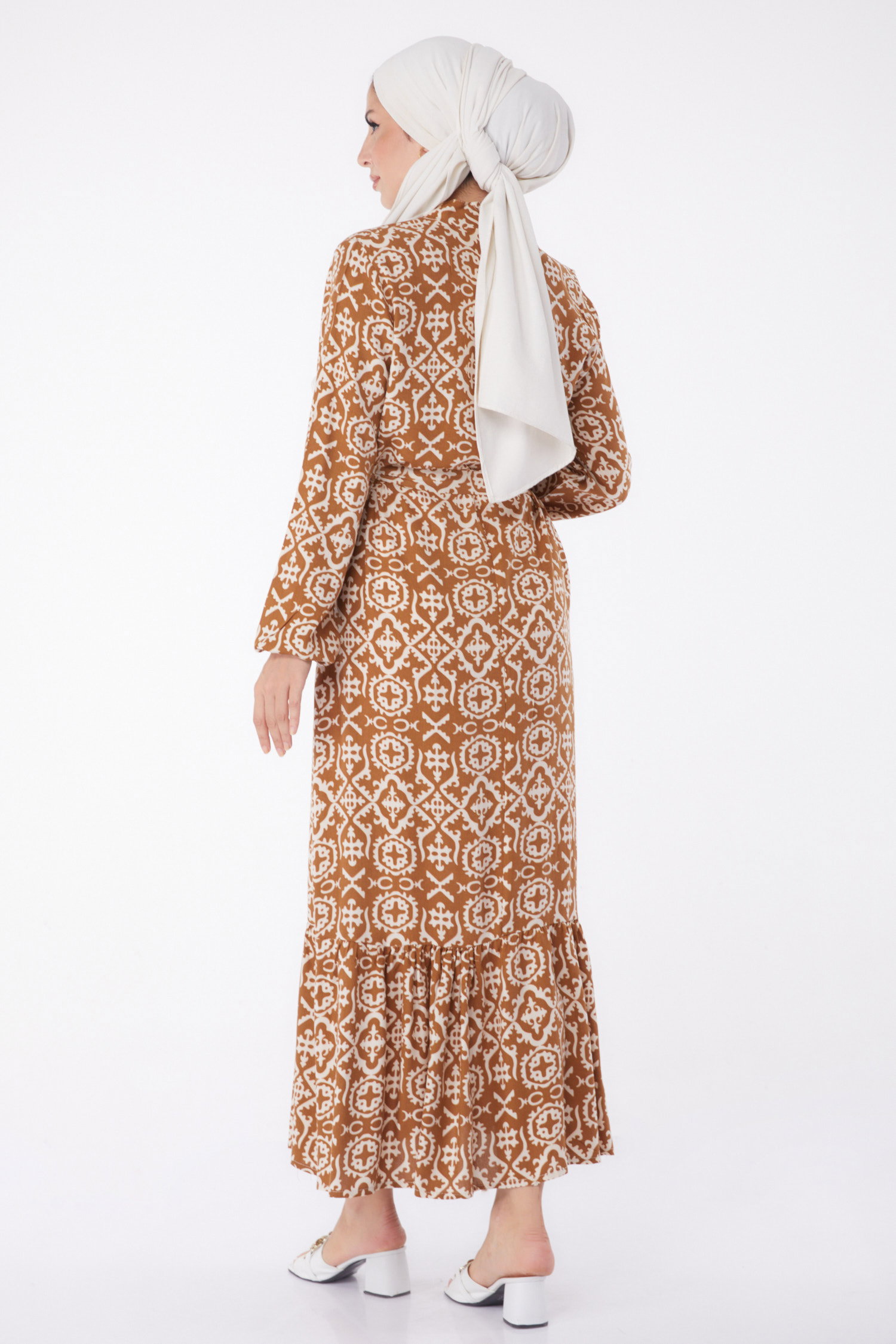 Desenli Kuşaklı Elbise Taba - 26025 - 6