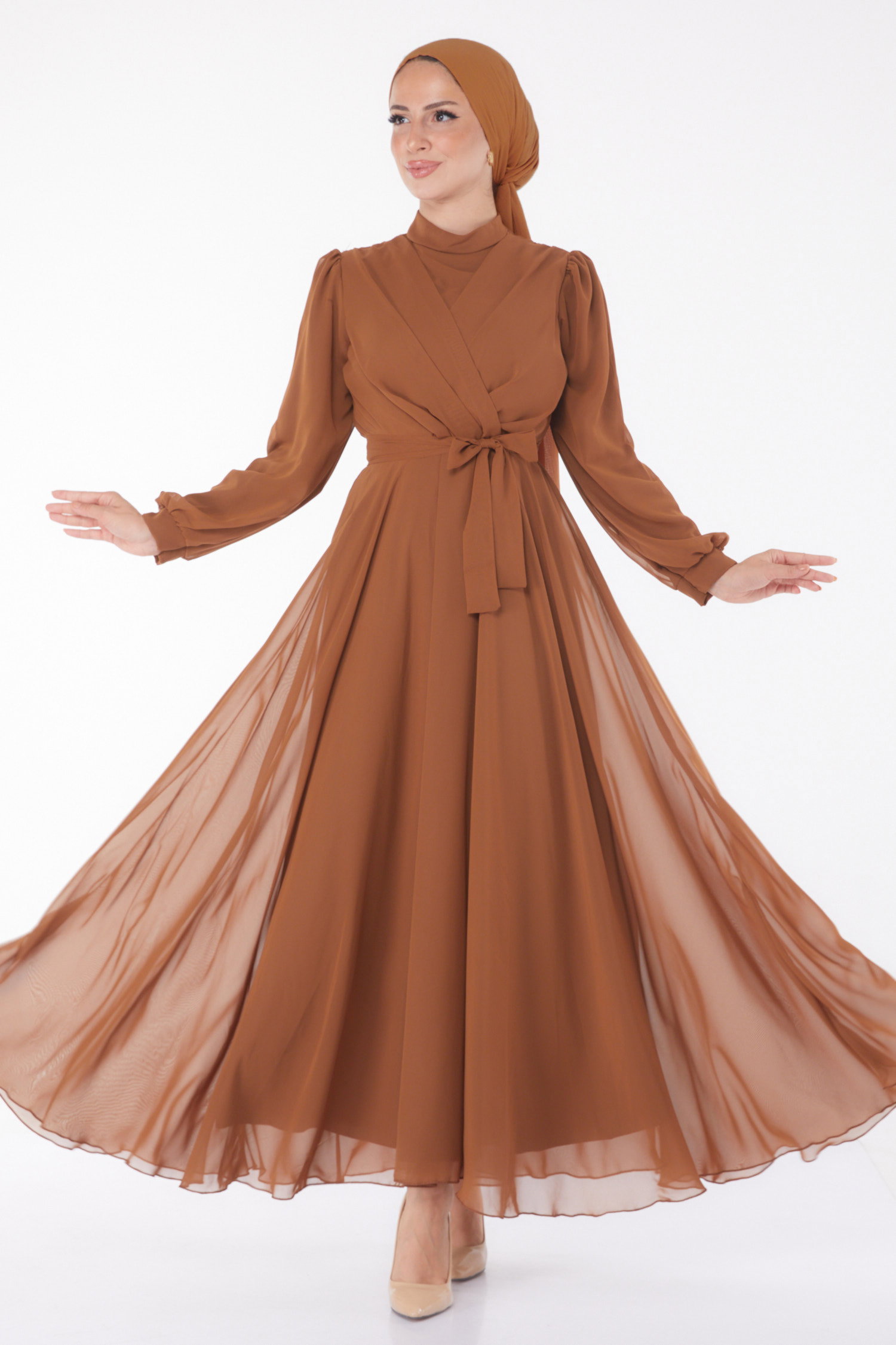 Düz Hakim Yaka Kadın Taba Kruvaze Yaka Kuşaklı Abiye Elbise - 23864 - 1