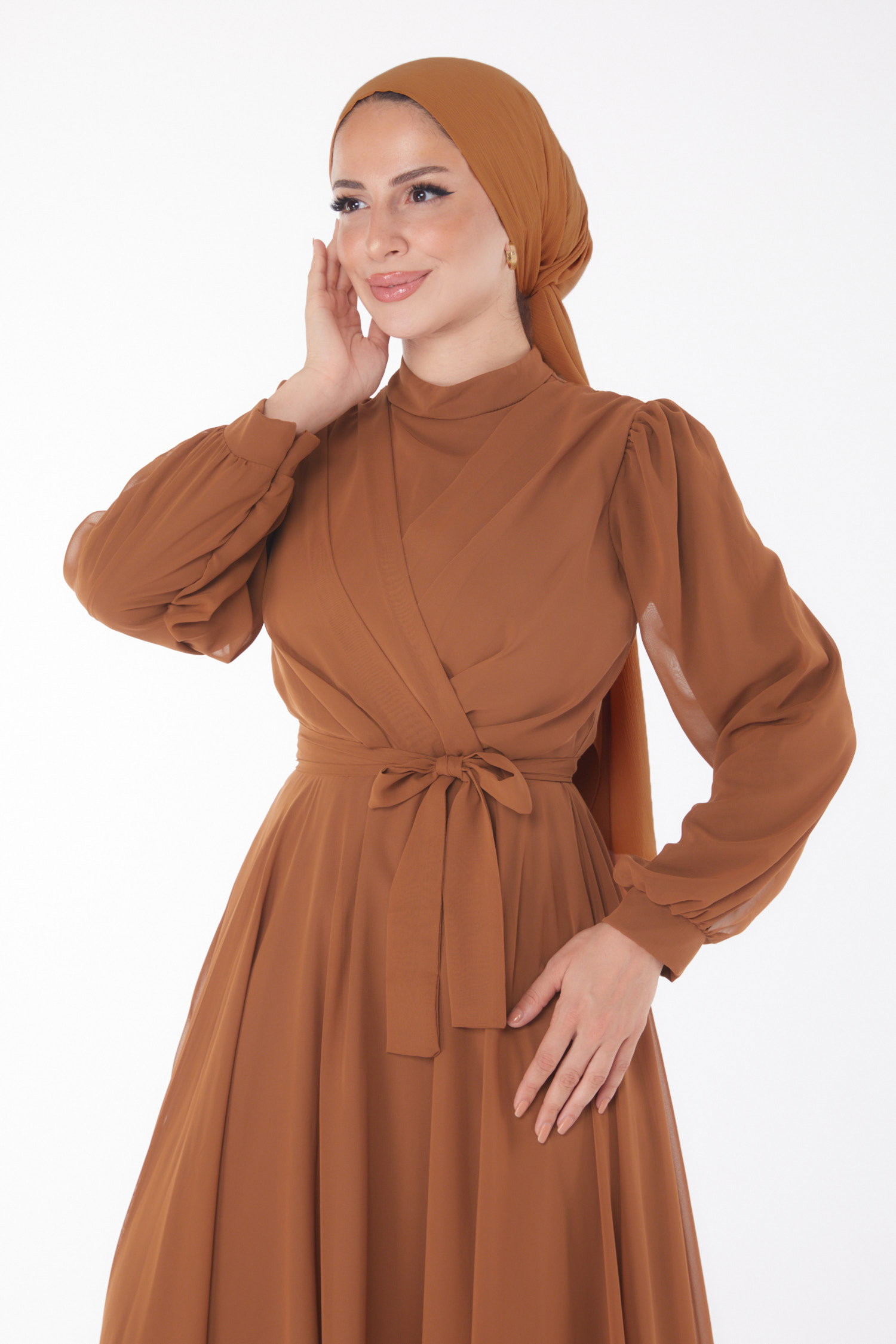 Düz Hakim Yaka Kadın Taba Kruvaze Yaka Kuşaklı Abiye Elbise - 23864 - 3