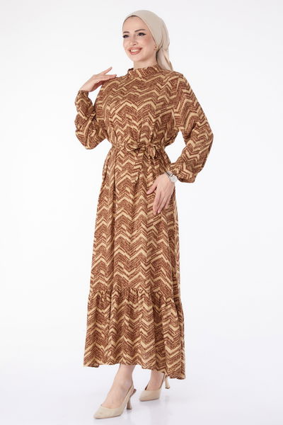Kuşaklı Desenli Elbise Taba - 25464 