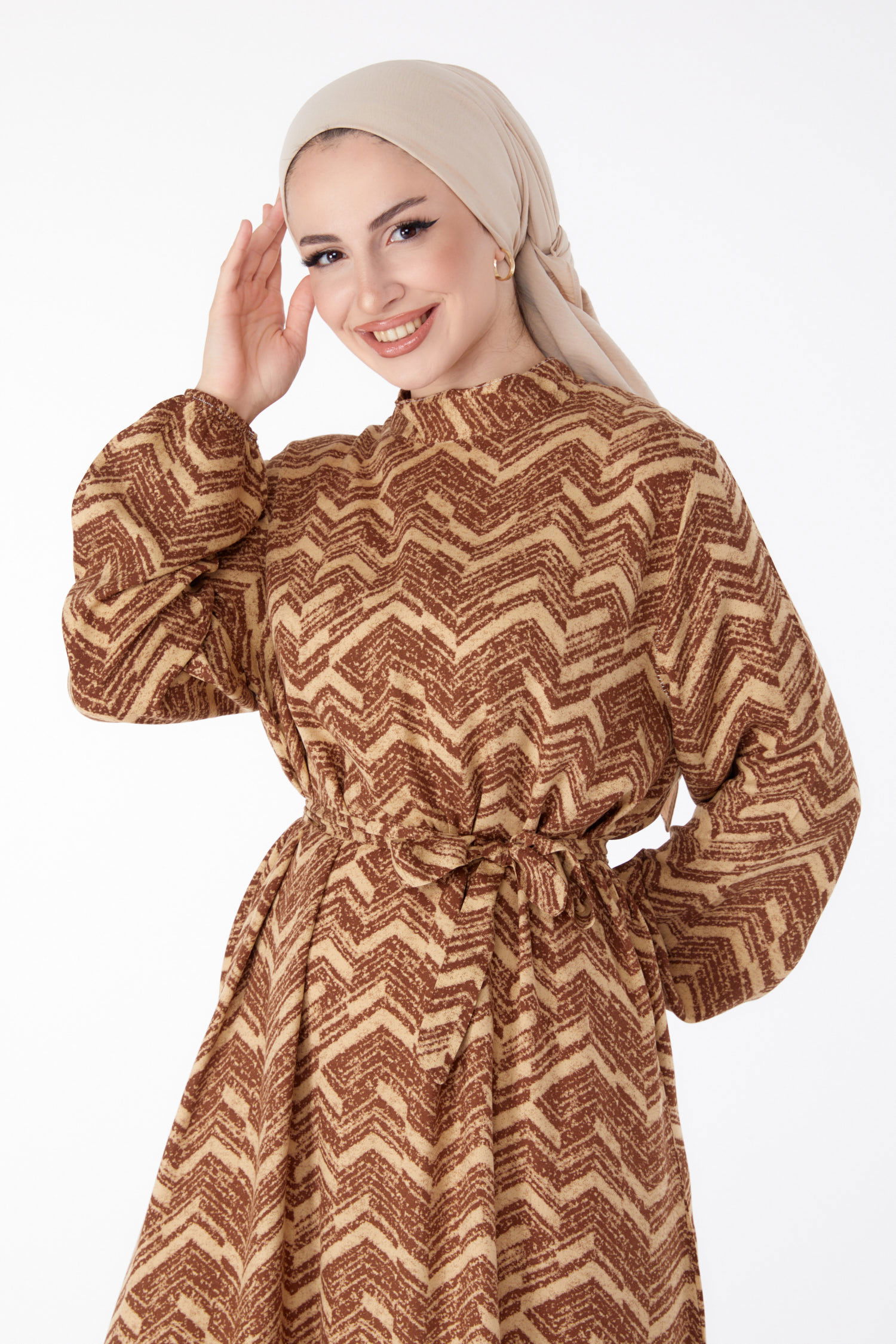 Kuşaklı Desenli Elbise Taba - 25464 - 2