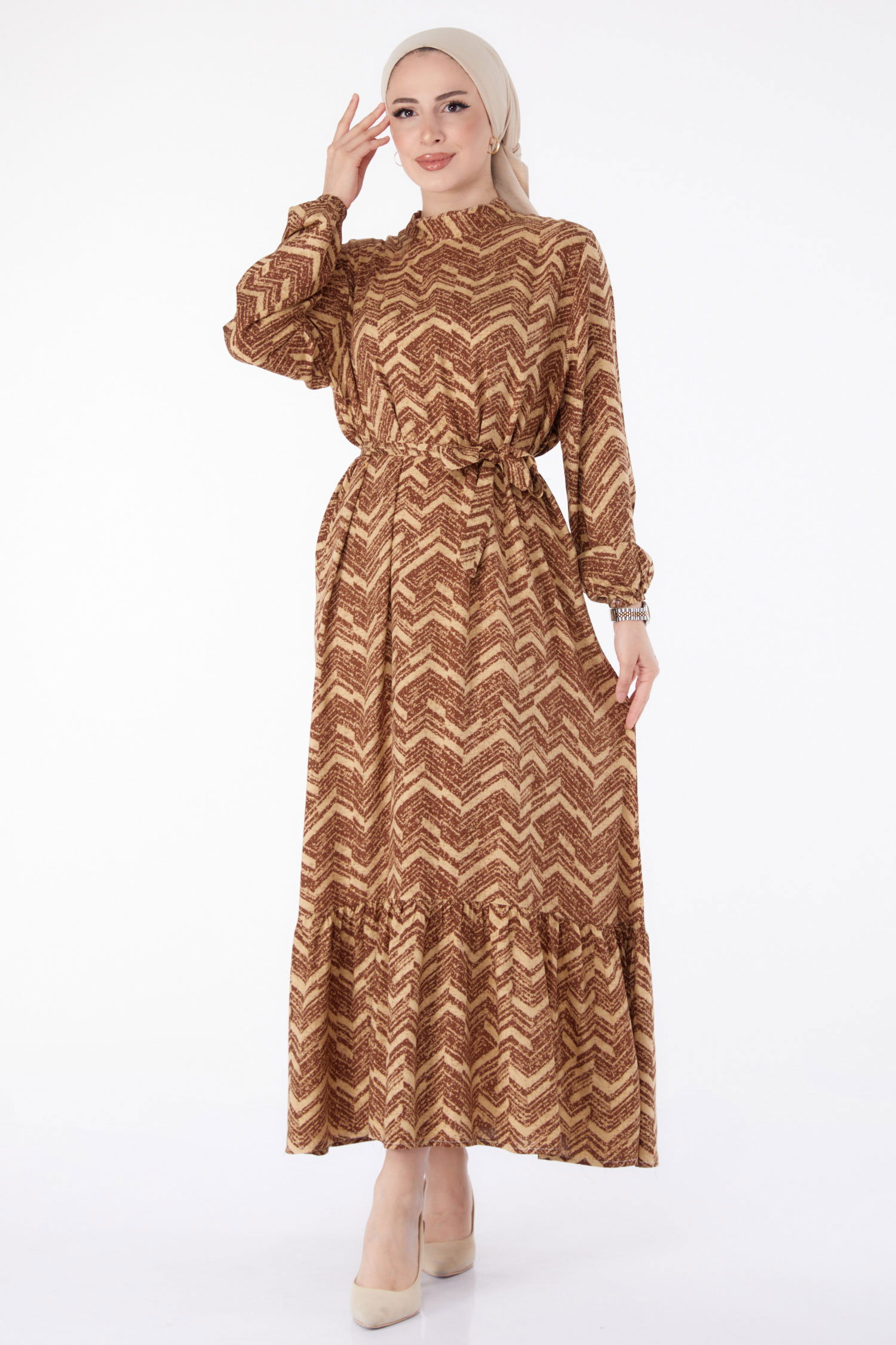 Kuşaklı Desenli Elbise Taba - 25464 - 3