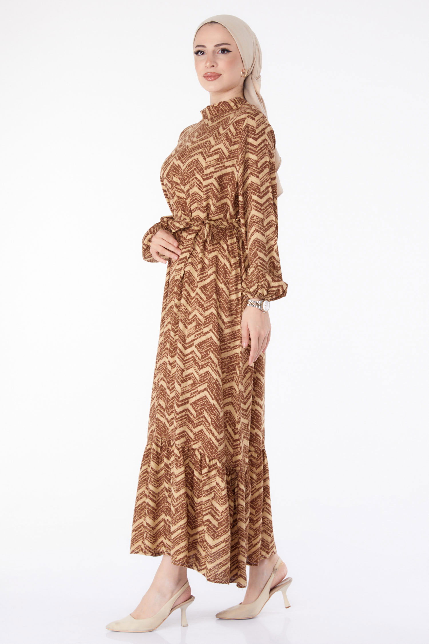 Kuşaklı Desenli Elbise Taba - 25464 - 4