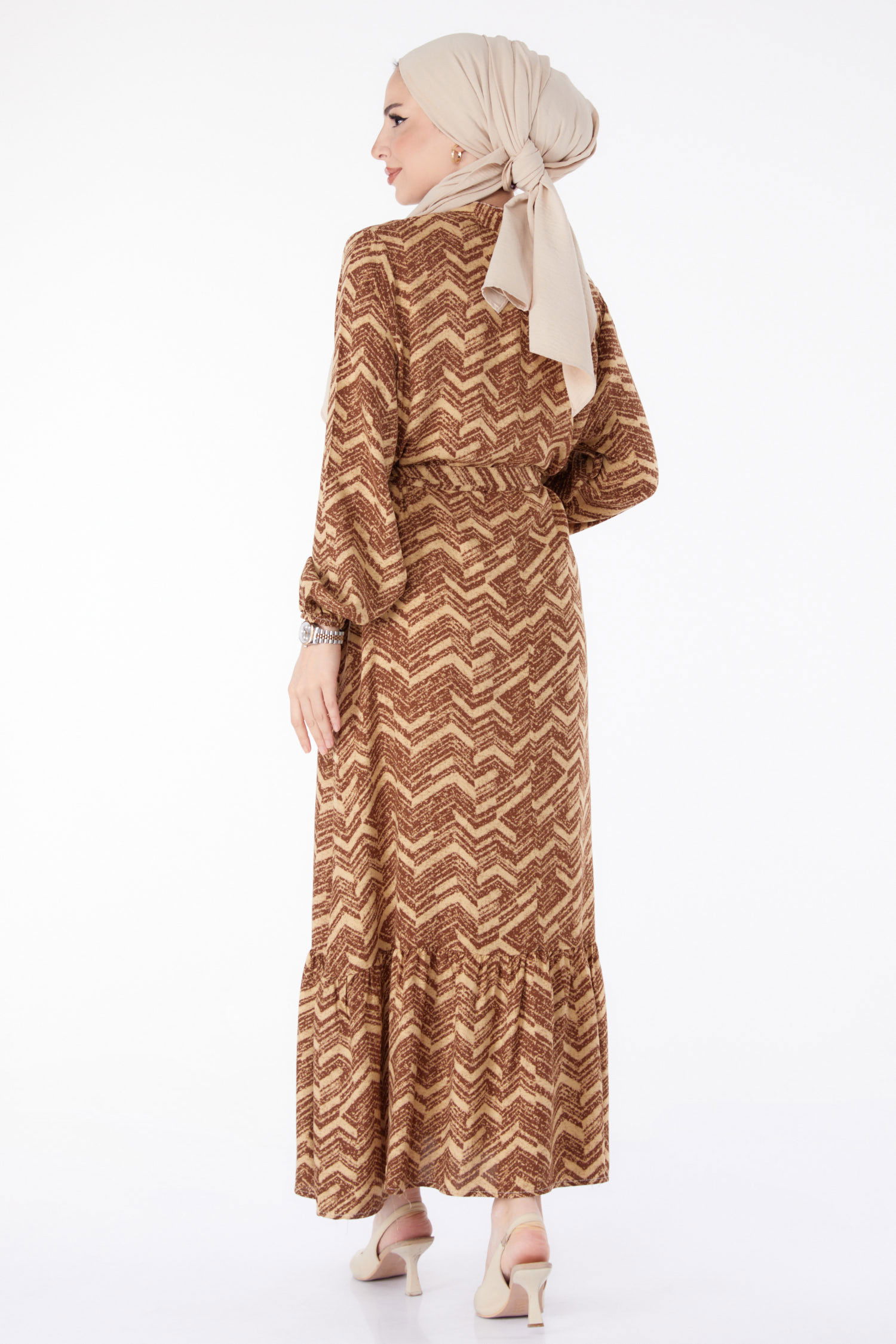 Kuşaklı Desenli Elbise Taba - 25464 - 5