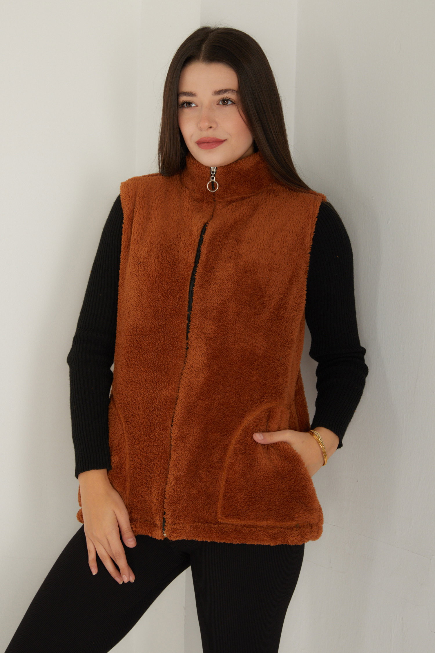 Düz Hakim Yaka Kadın Taba Peluş Yelek - 13356 - 2