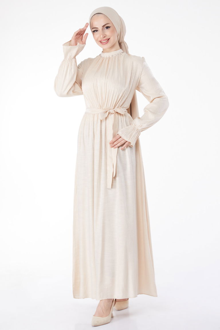 Düz Hakim Yaka Kadın Taş Taş Detaylı Kuşaklı Elbise - 25077 - TOFİSA