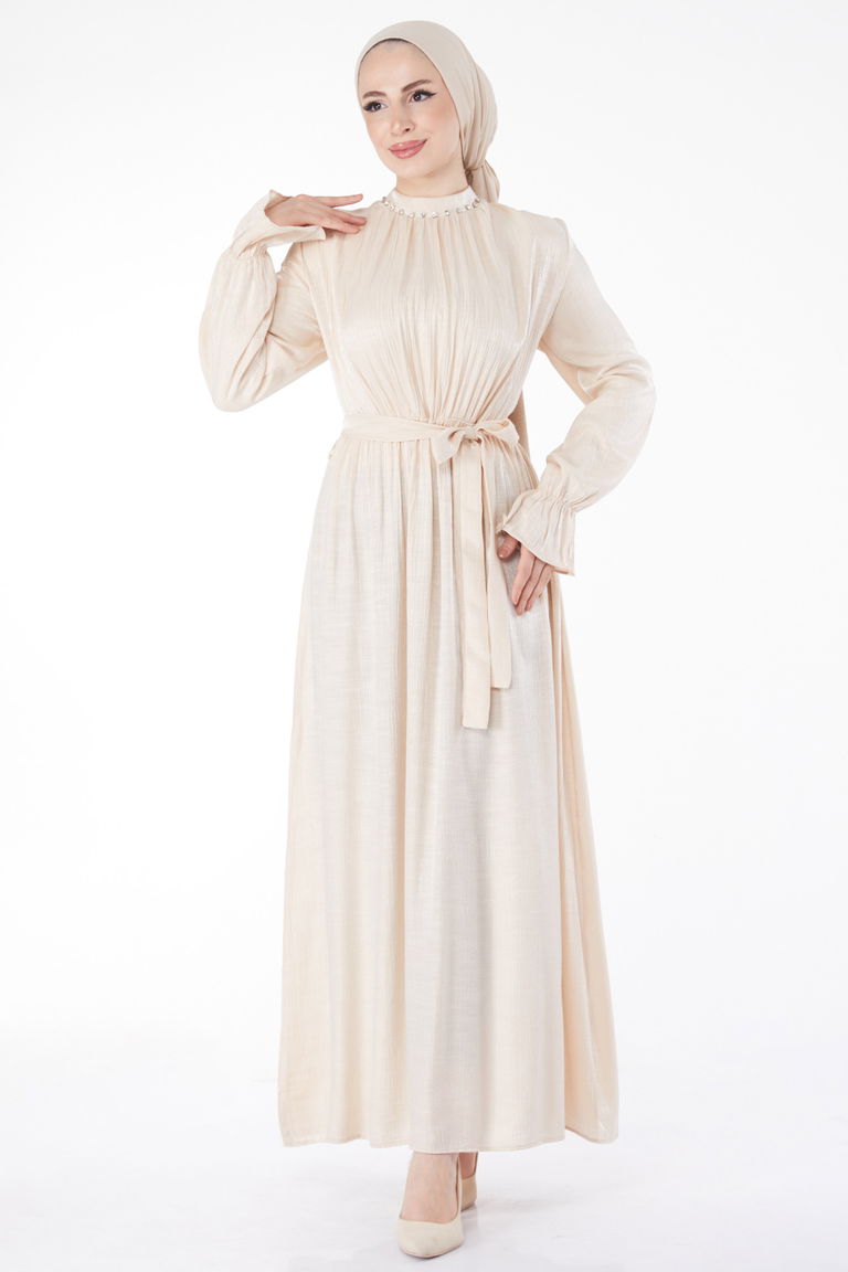 Düz Hakim Yaka Kadın Taş Taş Detaylı Kuşaklı Elbise - 25077 - TOFİSA