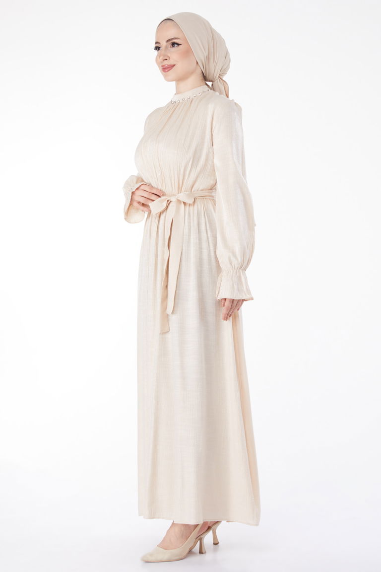 Düz Hakim Yaka Kadın Taş Taş Detaylı Kuşaklı Elbise - 25077 - TOFİSA