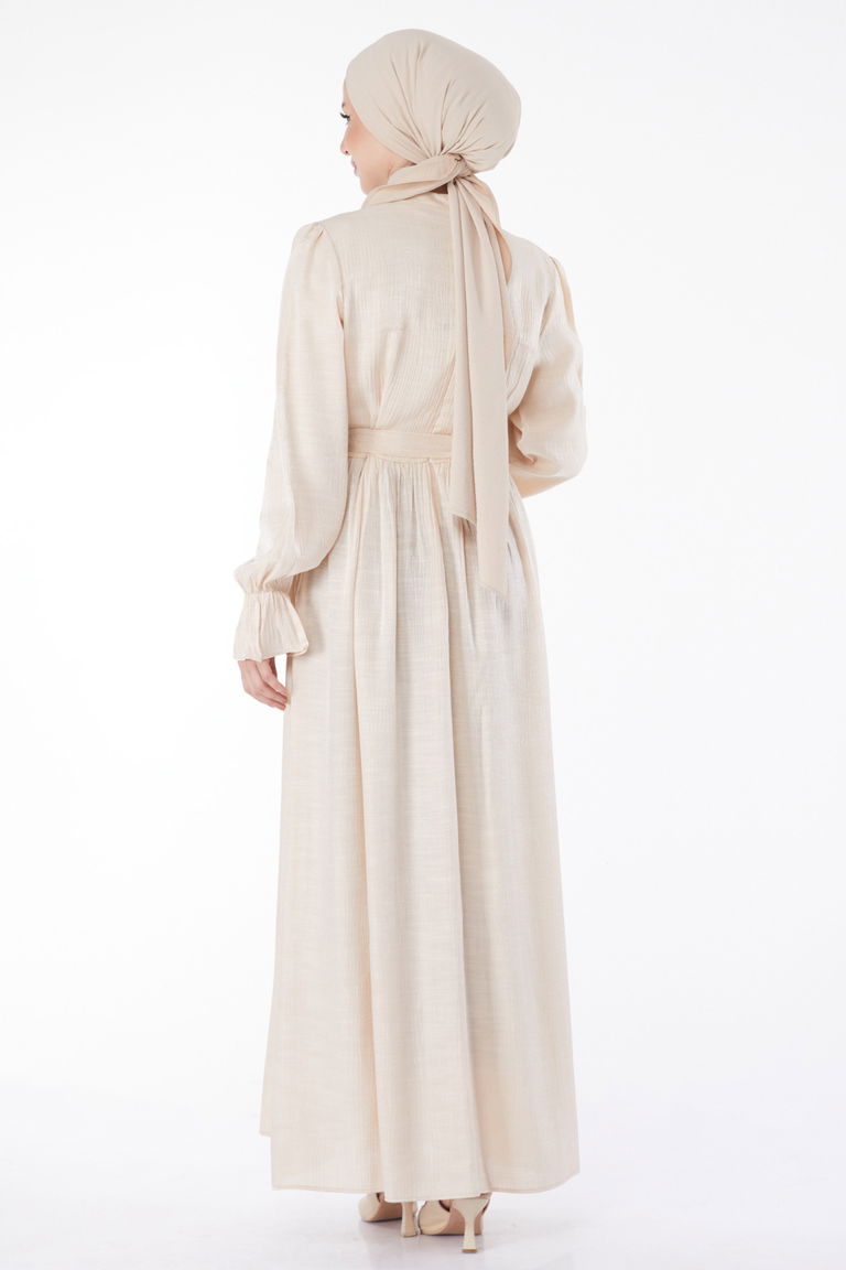 Düz Hakim Yaka Kadın Taş Taş Detaylı Kuşaklı Elbise - 25077 - TOFİSA