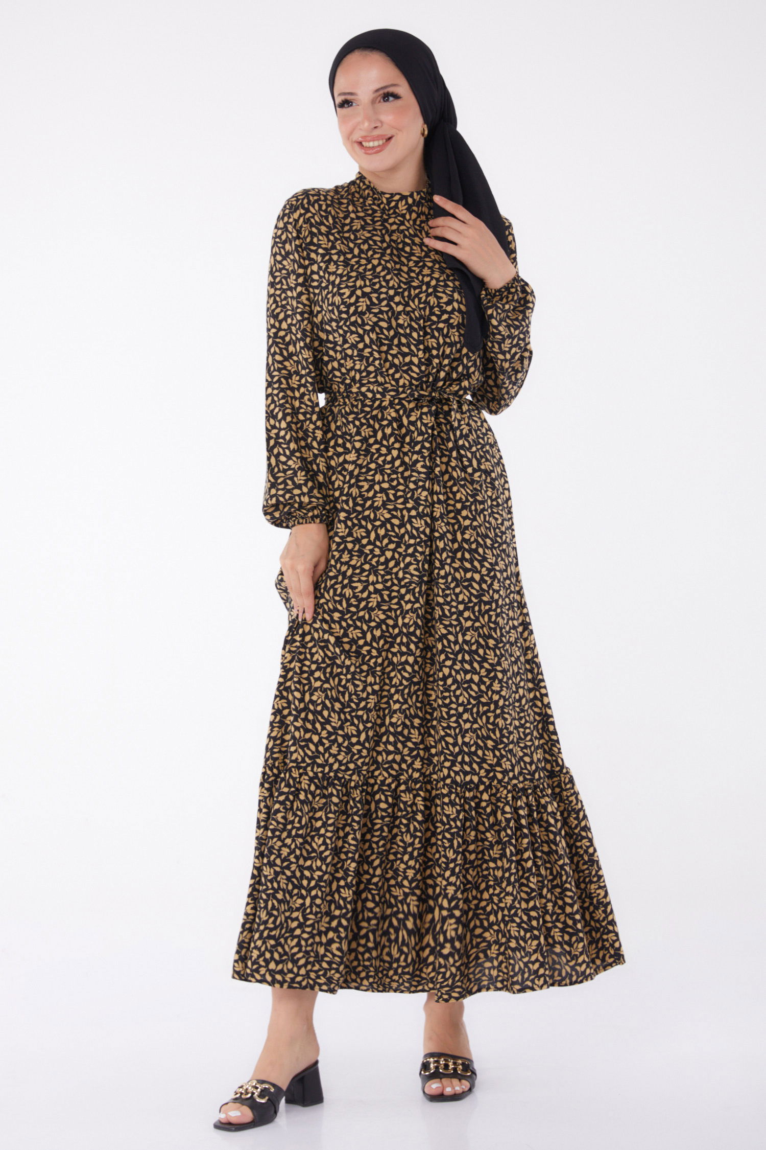 Düz Hakim Yaka Kadın Vizon Desenli Kuşaklı Elbise - 26023 - 1