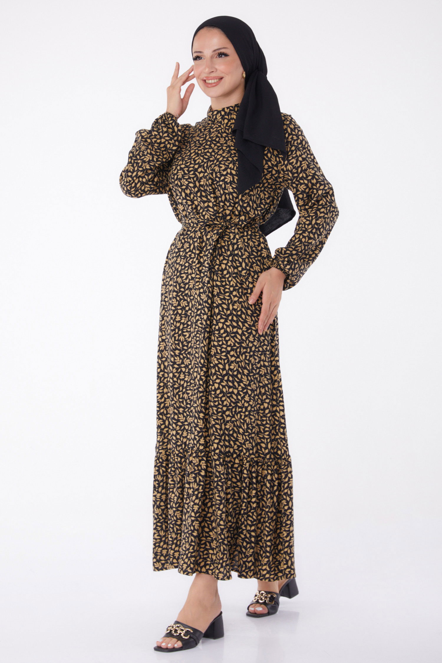 Düz Hakim Yaka Kadın Vizon Desenli Kuşaklı Elbise - 26023 - 2