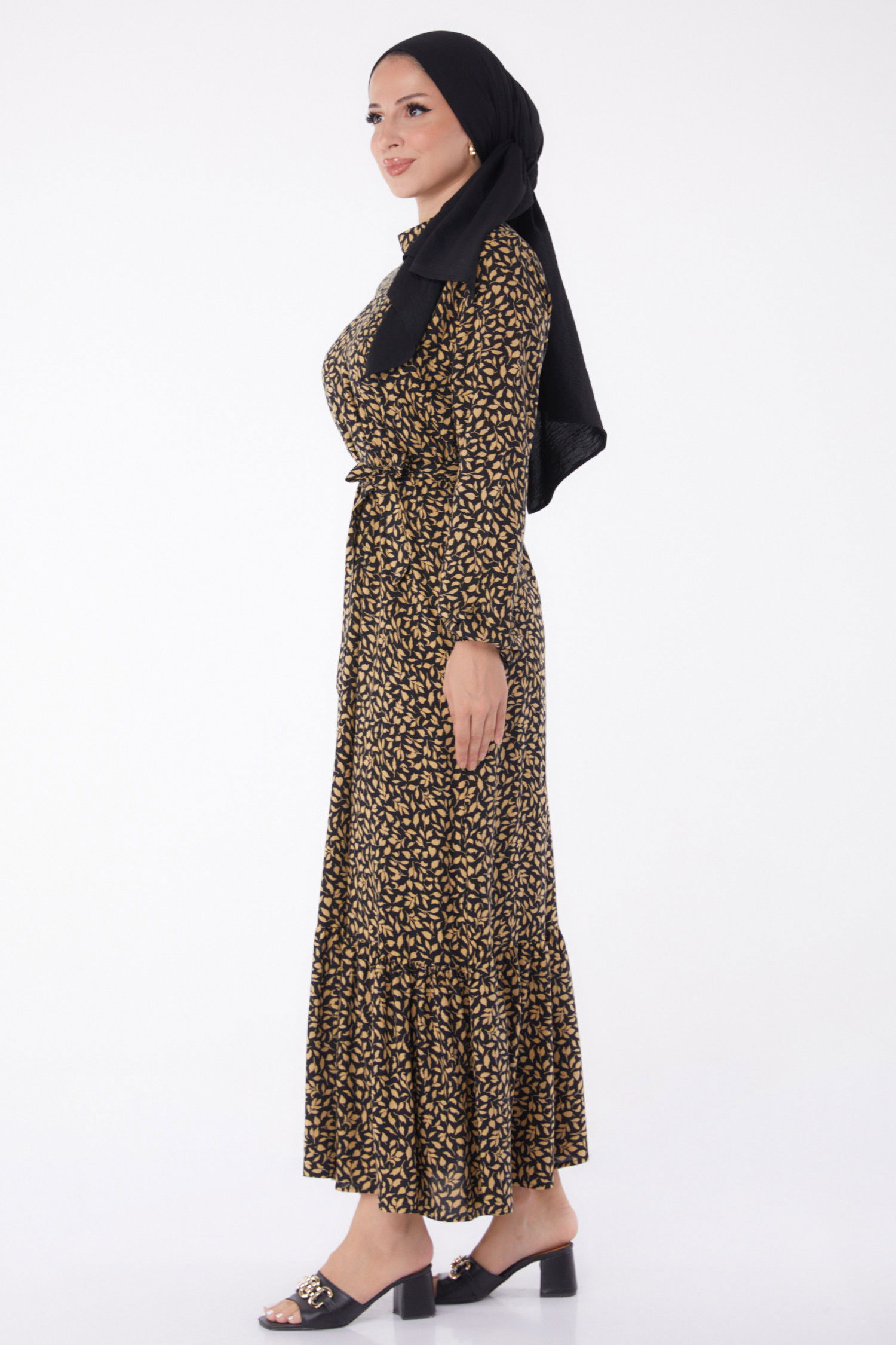 Düz Hakim Yaka Kadın Vizon Desenli Kuşaklı Elbise - 26023 - 4