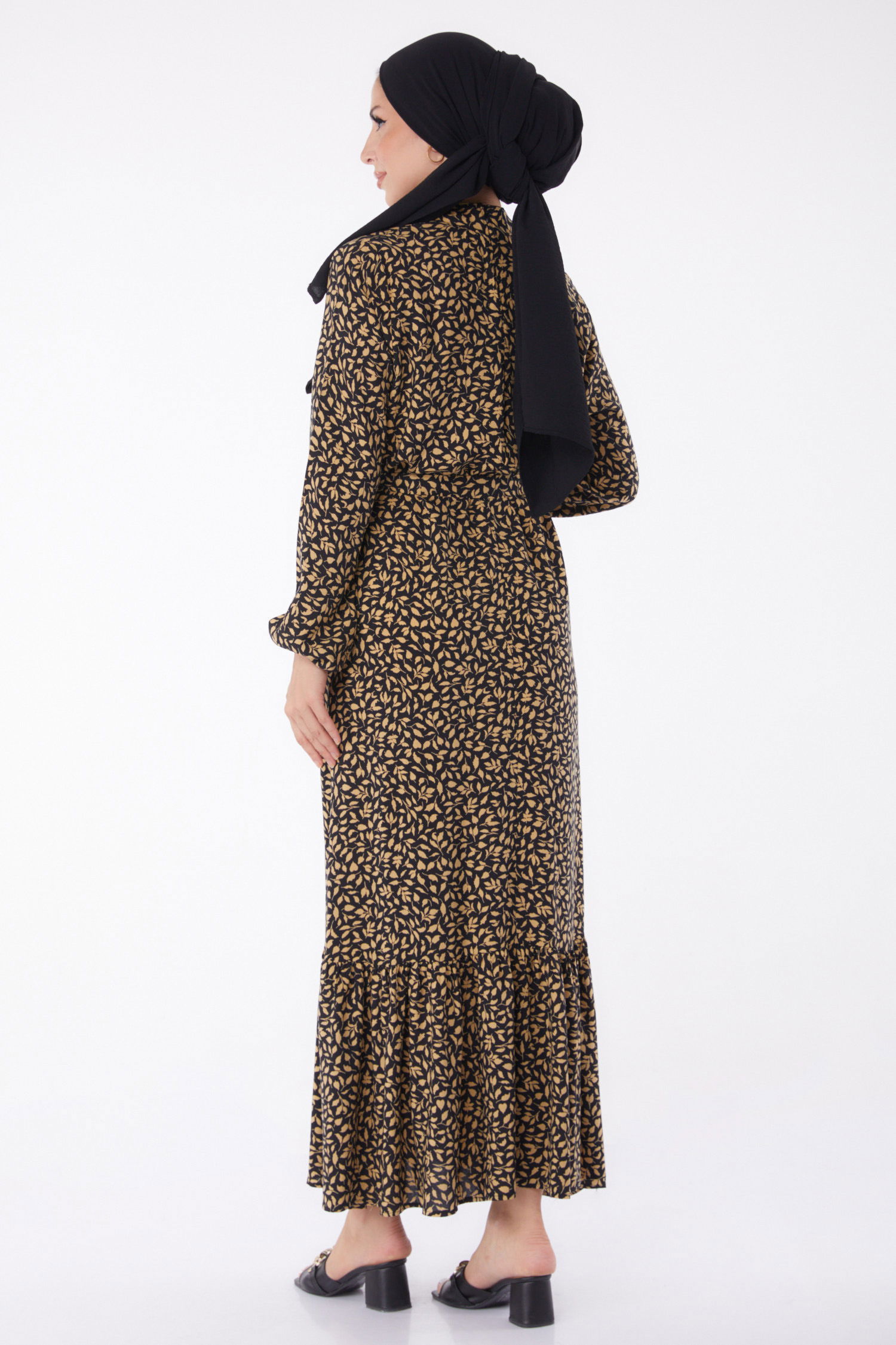 Düz Hakim Yaka Kadın Vizon Desenli Kuşaklı Elbise - 26023 - 5