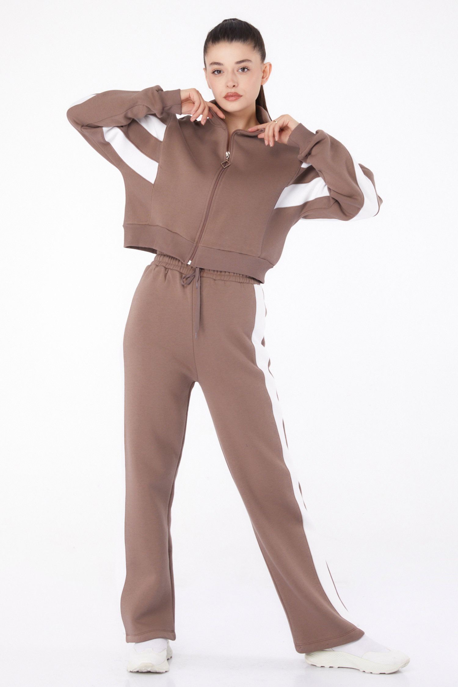 Düz Hakim Yaka Kadın Vizon Garnili Eşofman Takımı - 26276 - 2