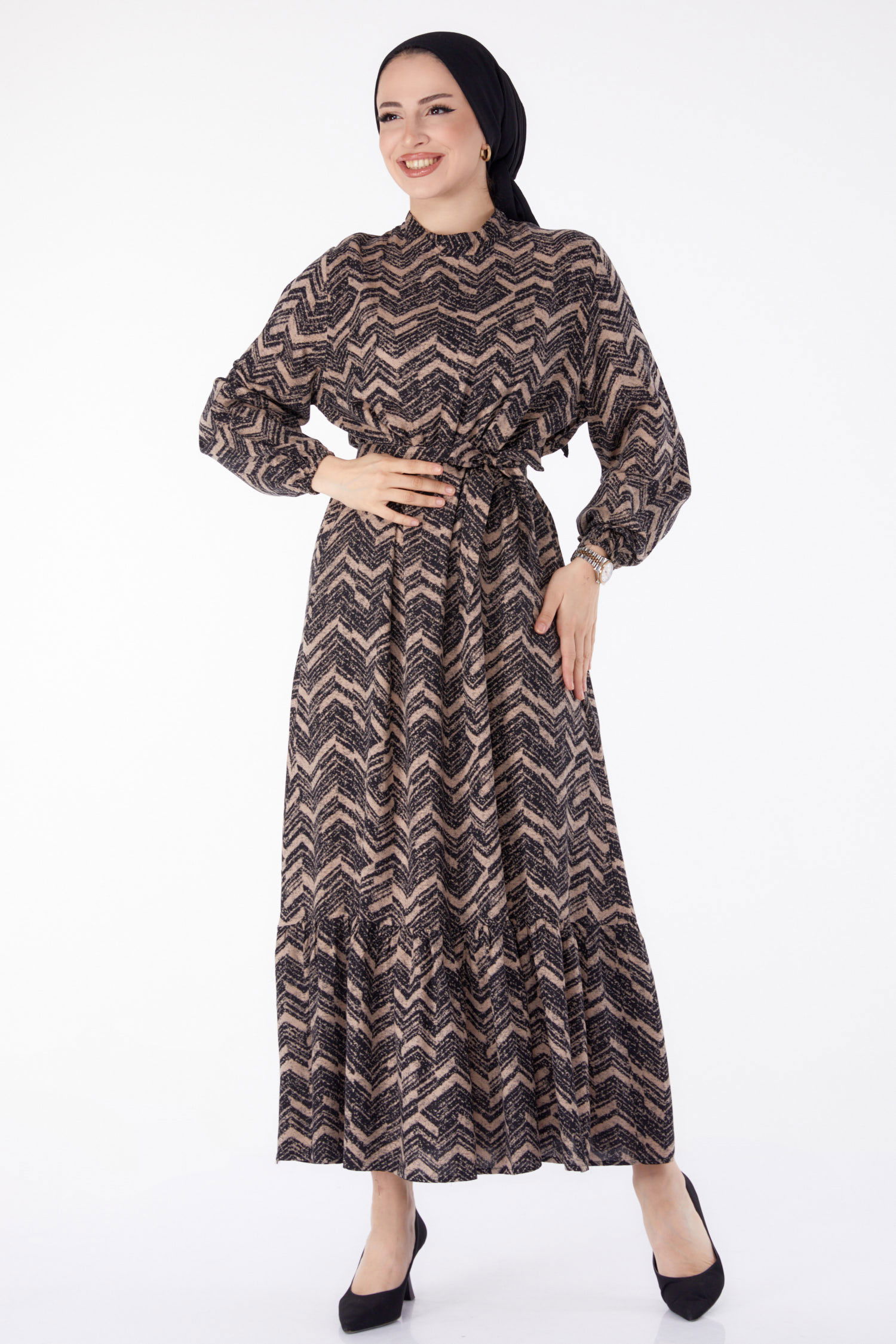 Kuşaklı Desenli Elbise Vizon - 25464 - 3