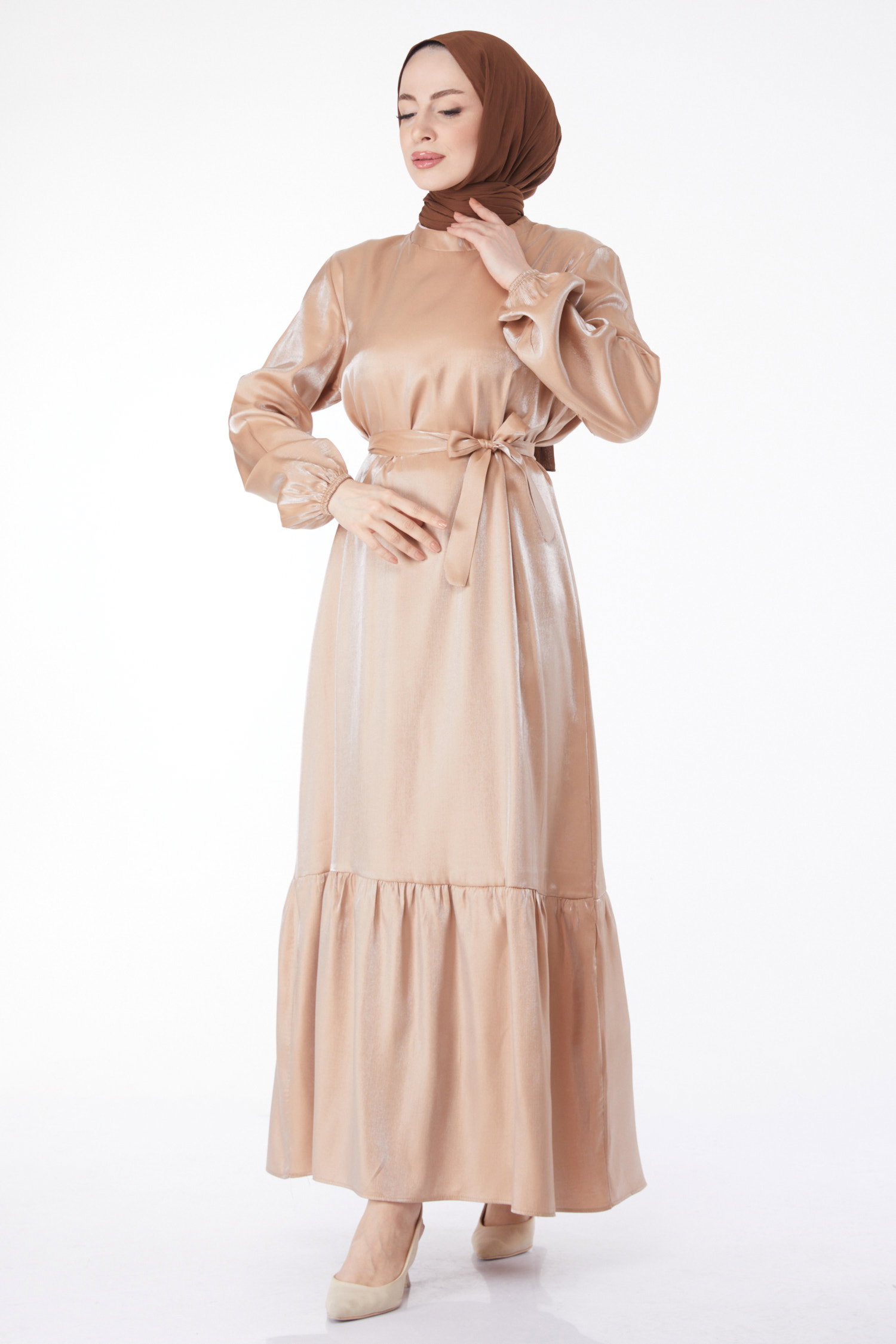 Parlak Kuşaklı Elbise Vizon - 24993 - 2