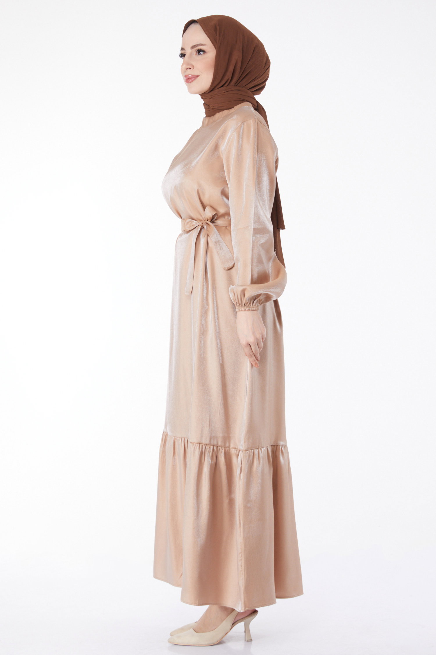 Parlak Kuşaklı Elbise Vizon - 24993 - 4