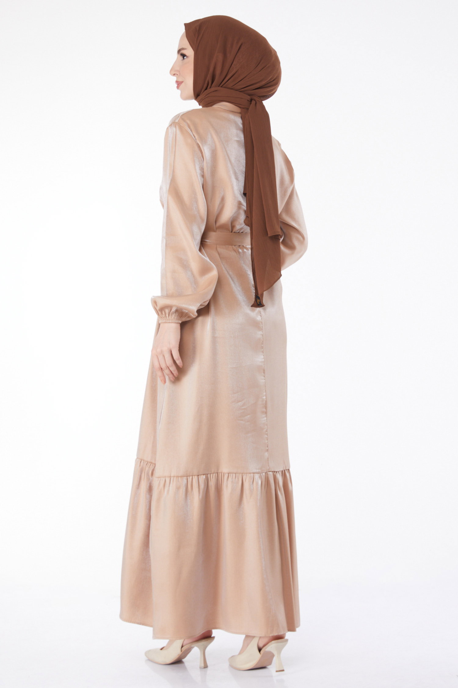 Parlak Kuşaklı Elbise Vizon - 24993 - 5