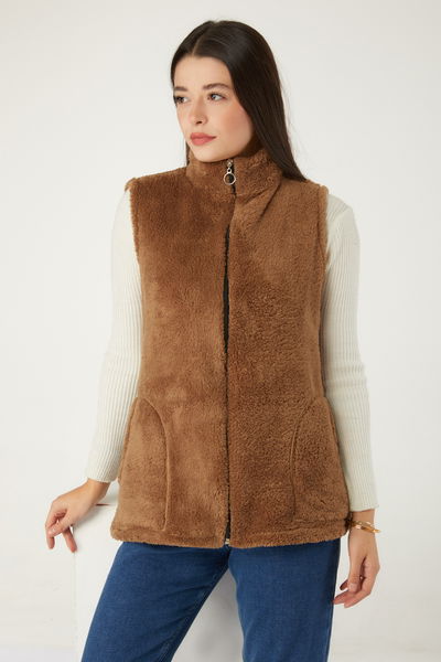 Düz Hakim Yaka Kadın Vizon Peluş Yelek - 13356 