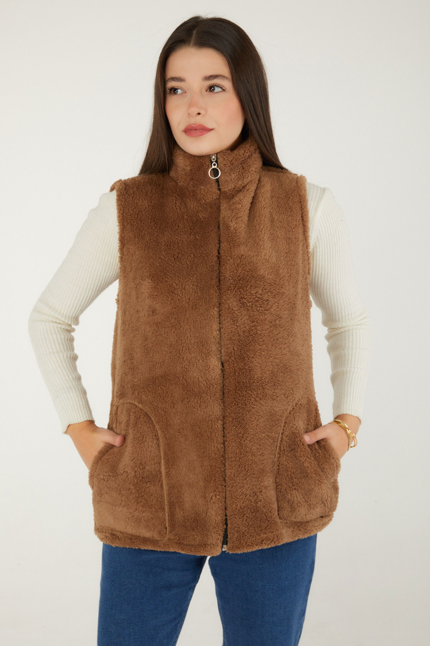 Düz Hakim Yaka Kadın Vizon Peluş Yelek - 13356 - 3