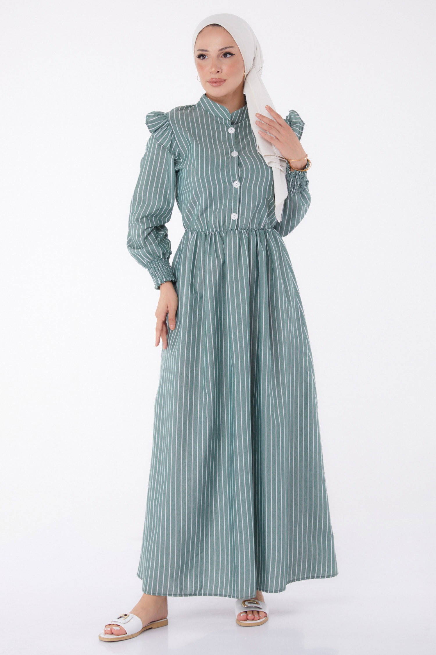 Çizgili Gipeli Elbise Yesil - 25998 - 1