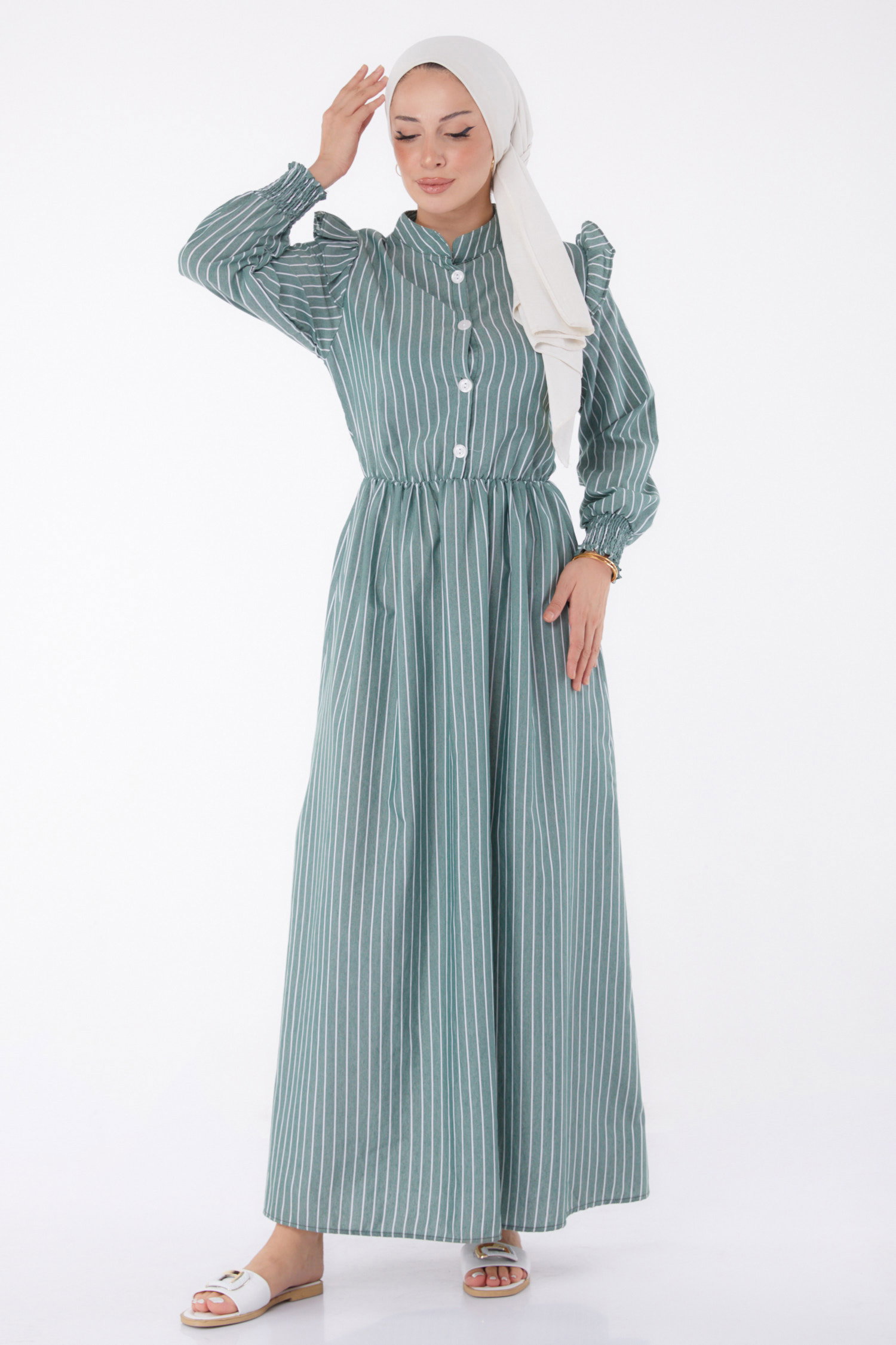 Çizgili Gipeli Elbise Yesil - 25998 - 2