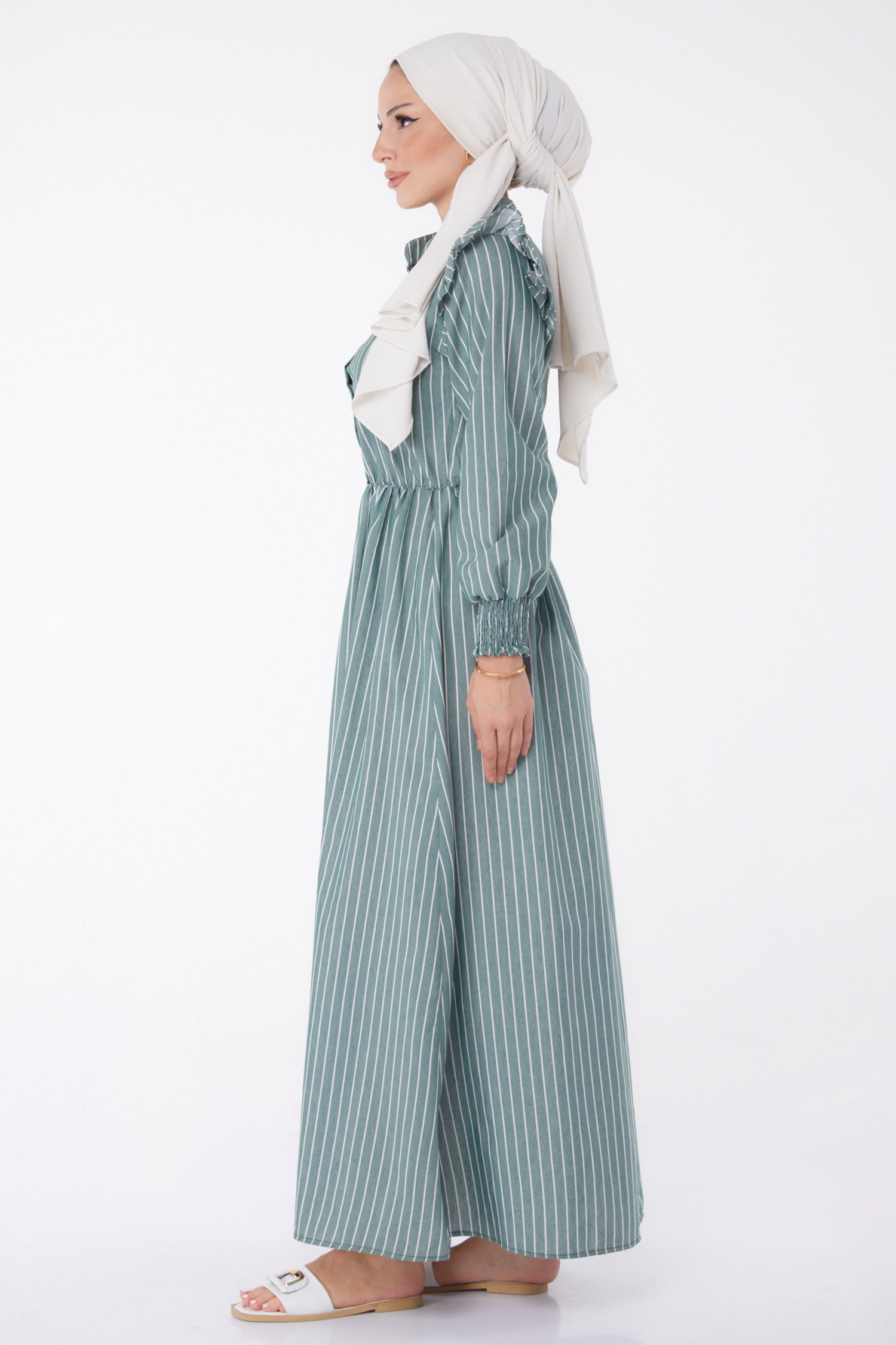 Çizgili Gipeli Elbise Yesil - 25998 - 4