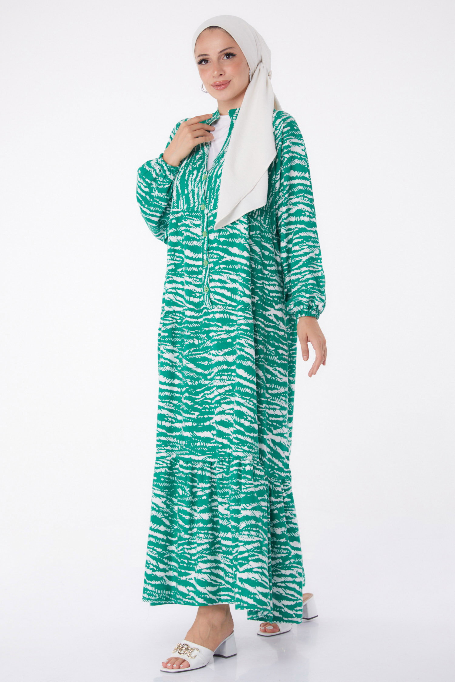 Desenli Düğmeli Elbise Yesil - 26027 - 1