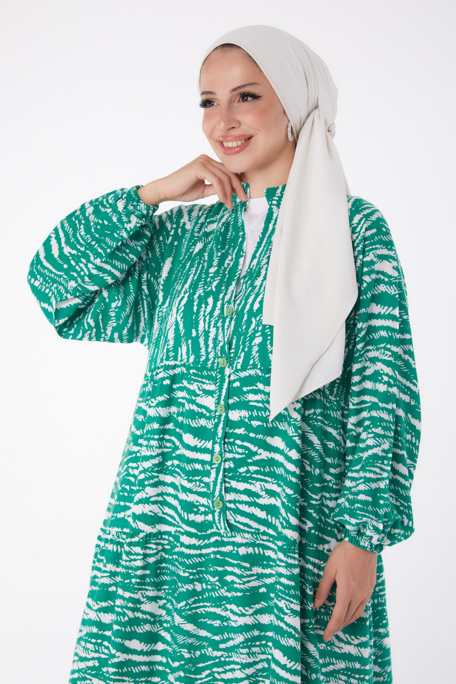 Desenli Düğmeli Elbise Yesil - 26027 - 2