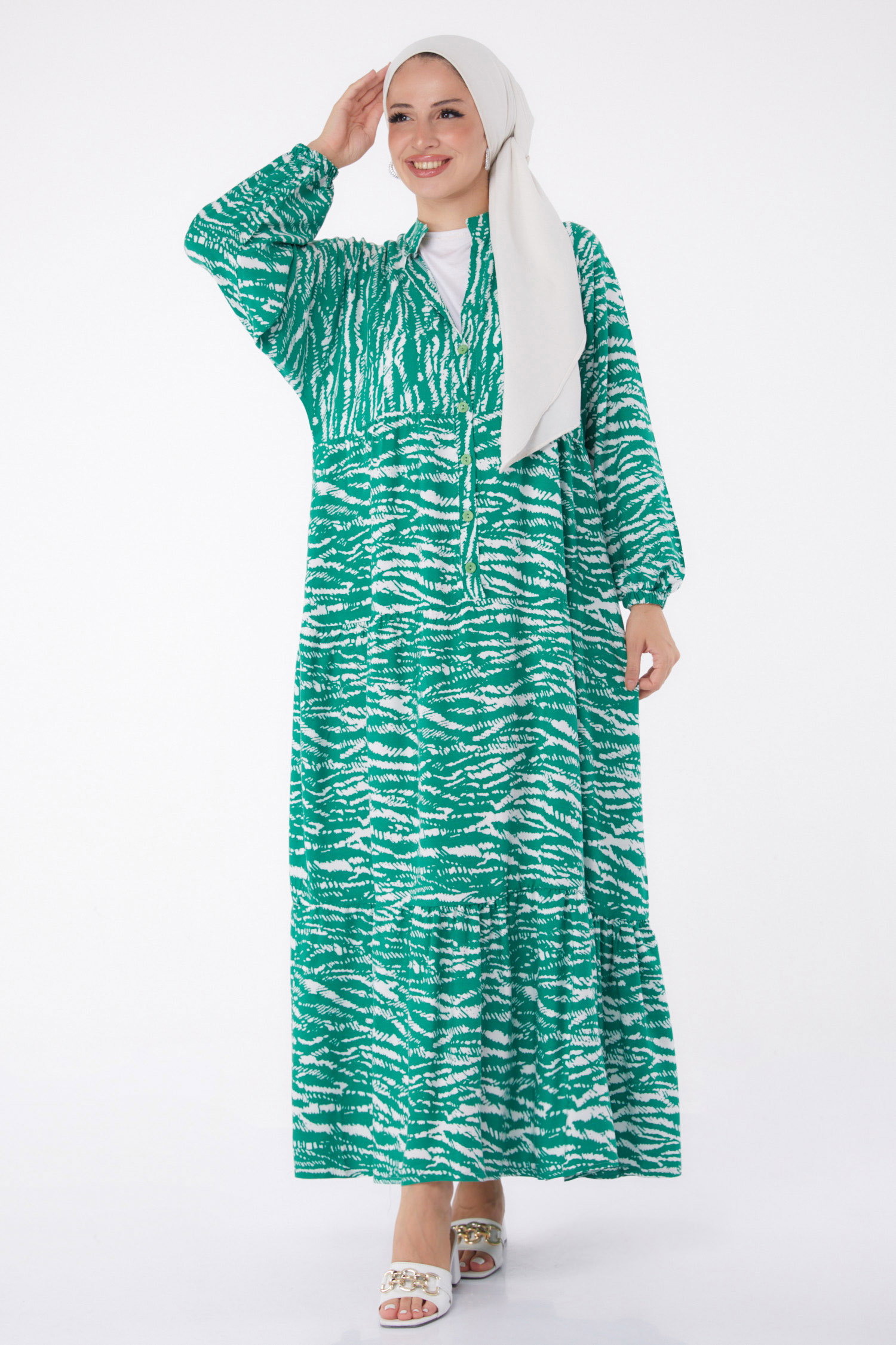 Desenli Düğmeli Elbise Yesil - 26027 - 3