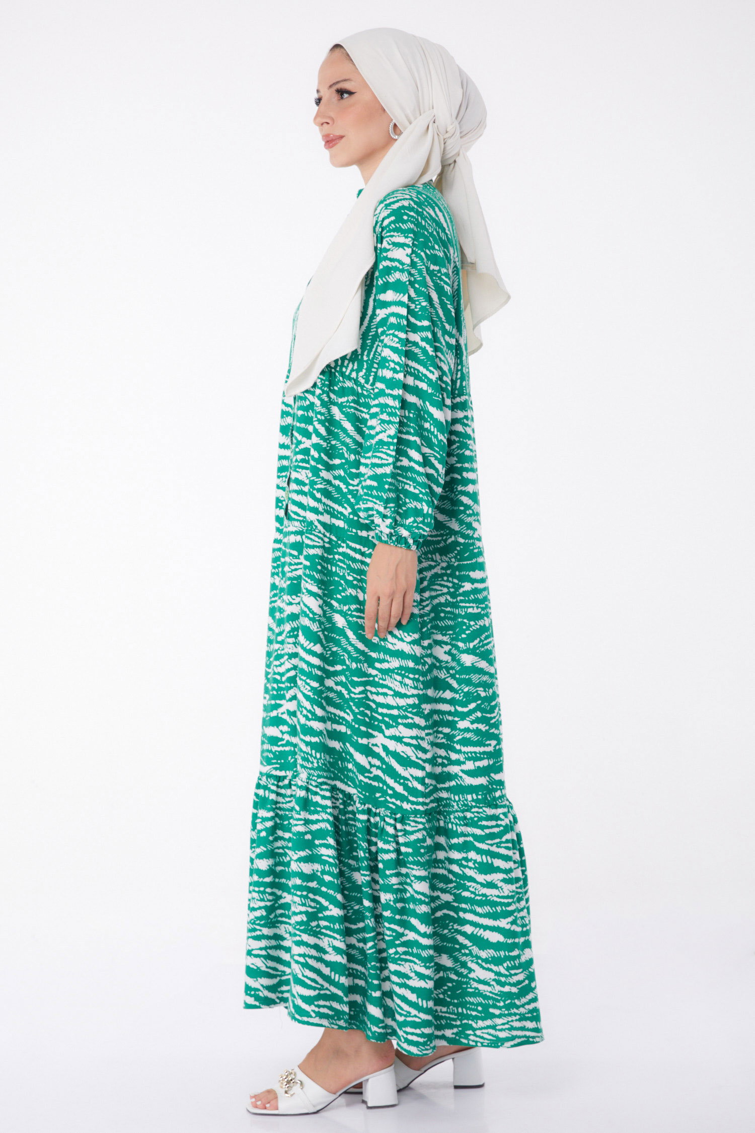 Desenli Düğmeli Elbise Yesil - 26027 - 4