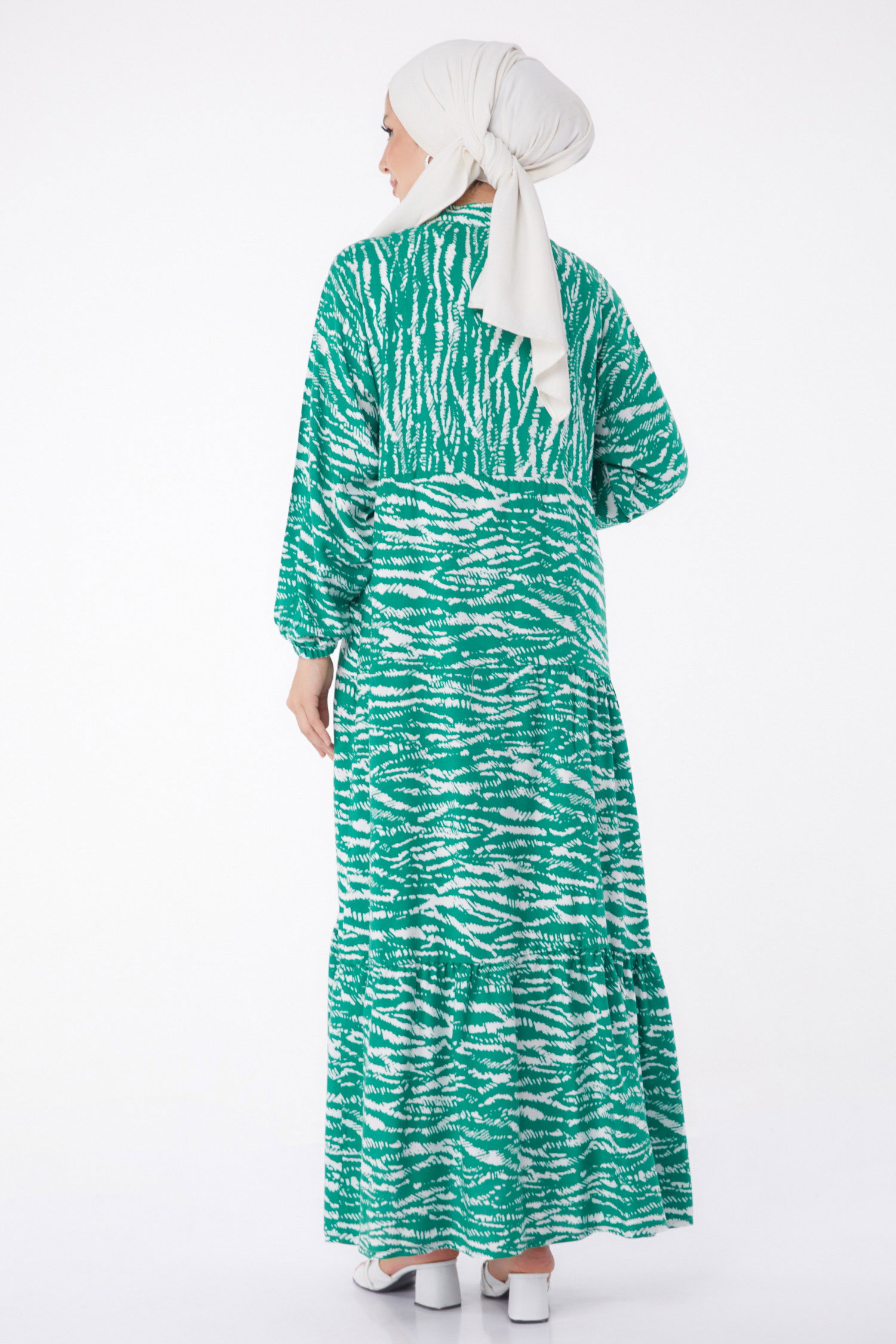 Desenli Düğmeli Elbise Yesil - 26027 - 5