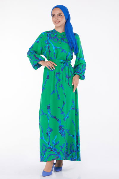 Desenli Kuşaklı Elbise Yesil - 25918 