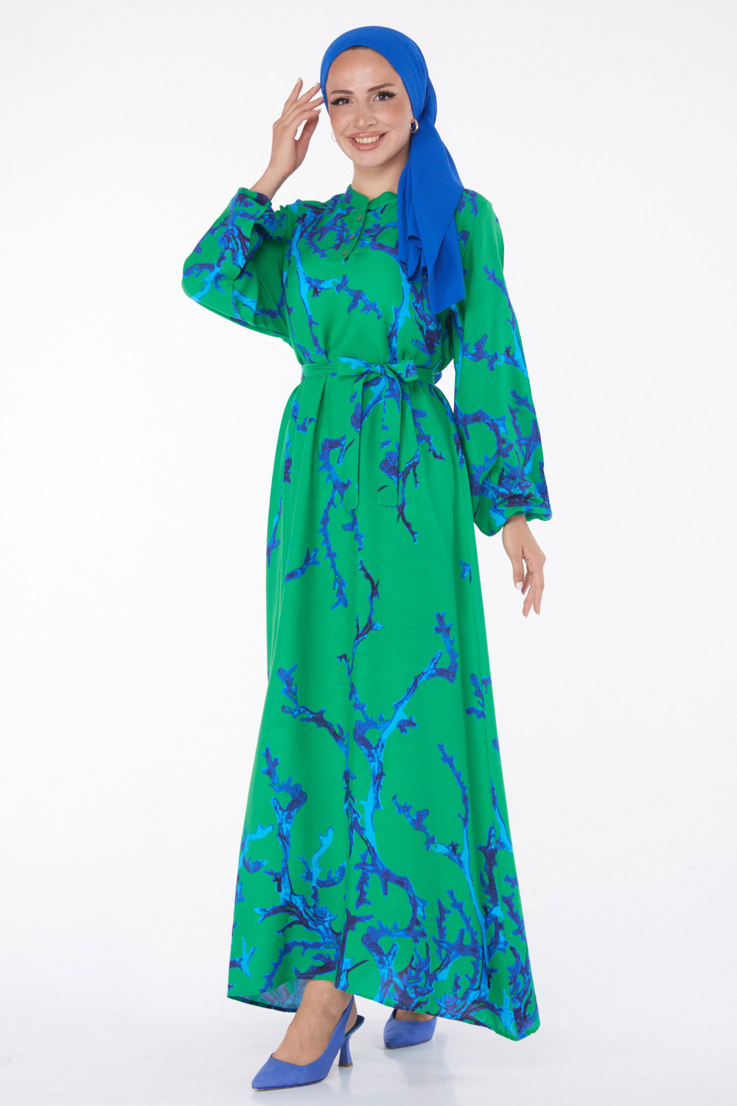 Desenli Kuşaklı Elbise Yesil - 25918 - 2