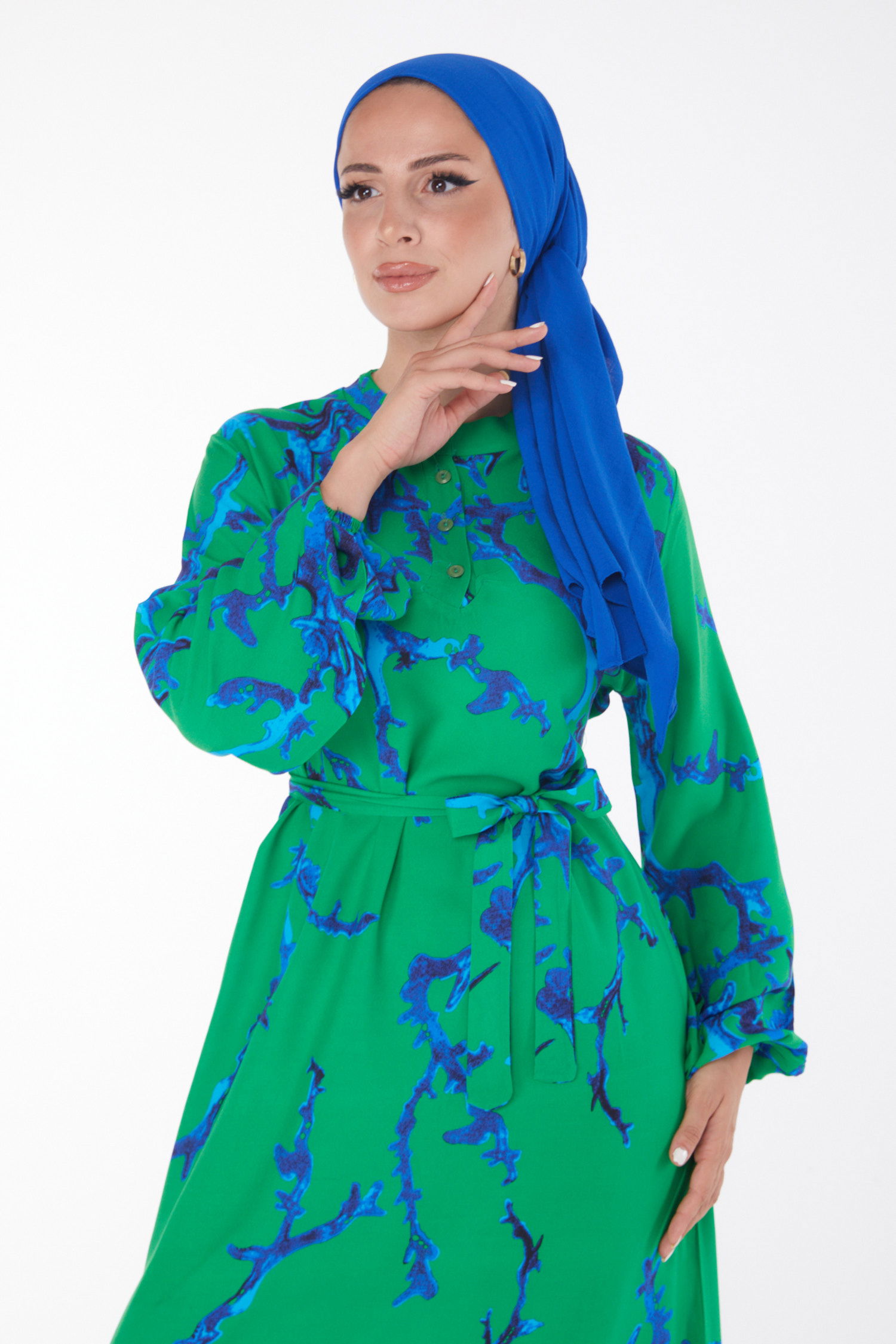 Desenli Kuşaklı Elbise Yesil - 25918 - 3