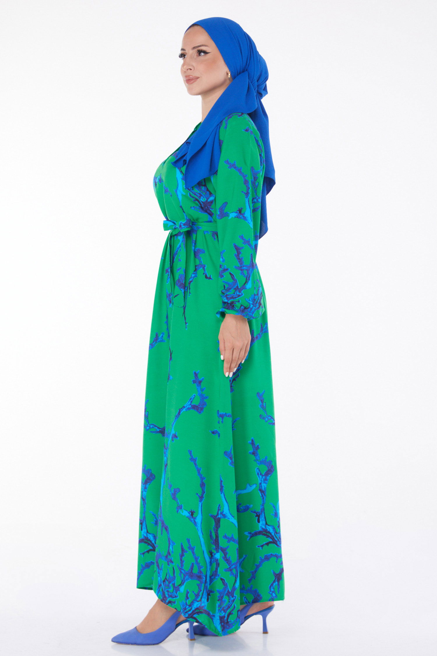 Desenli Kuşaklı Elbise Yesil - 25918 - 4