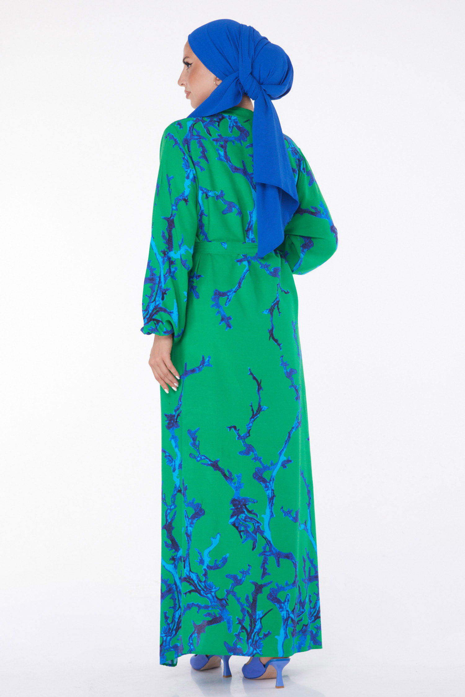 Desenli Kuşaklı Elbise Yesil - 25918 - 5