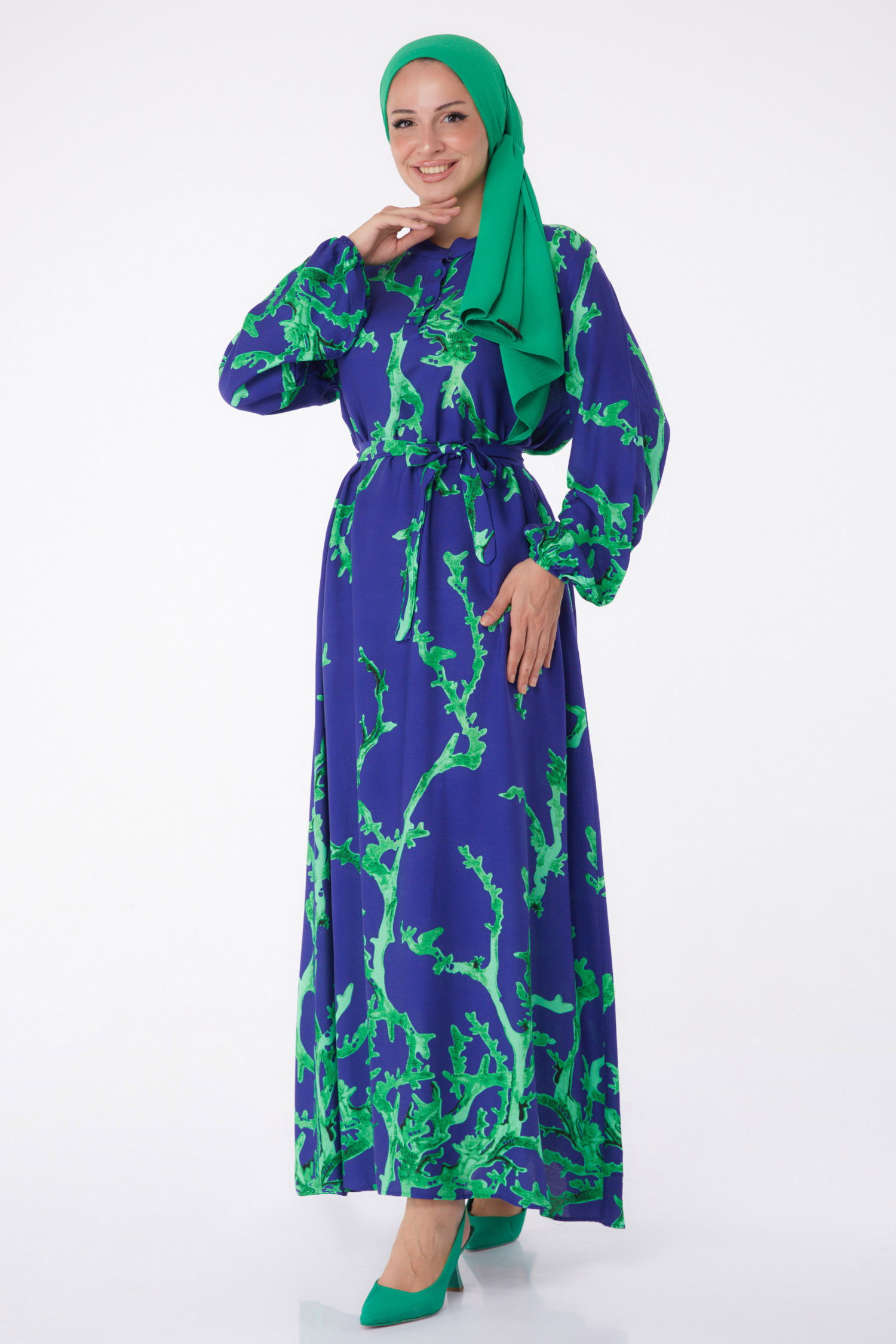Desenli Kuşaklı Elbise Yesil - 25997 - 1