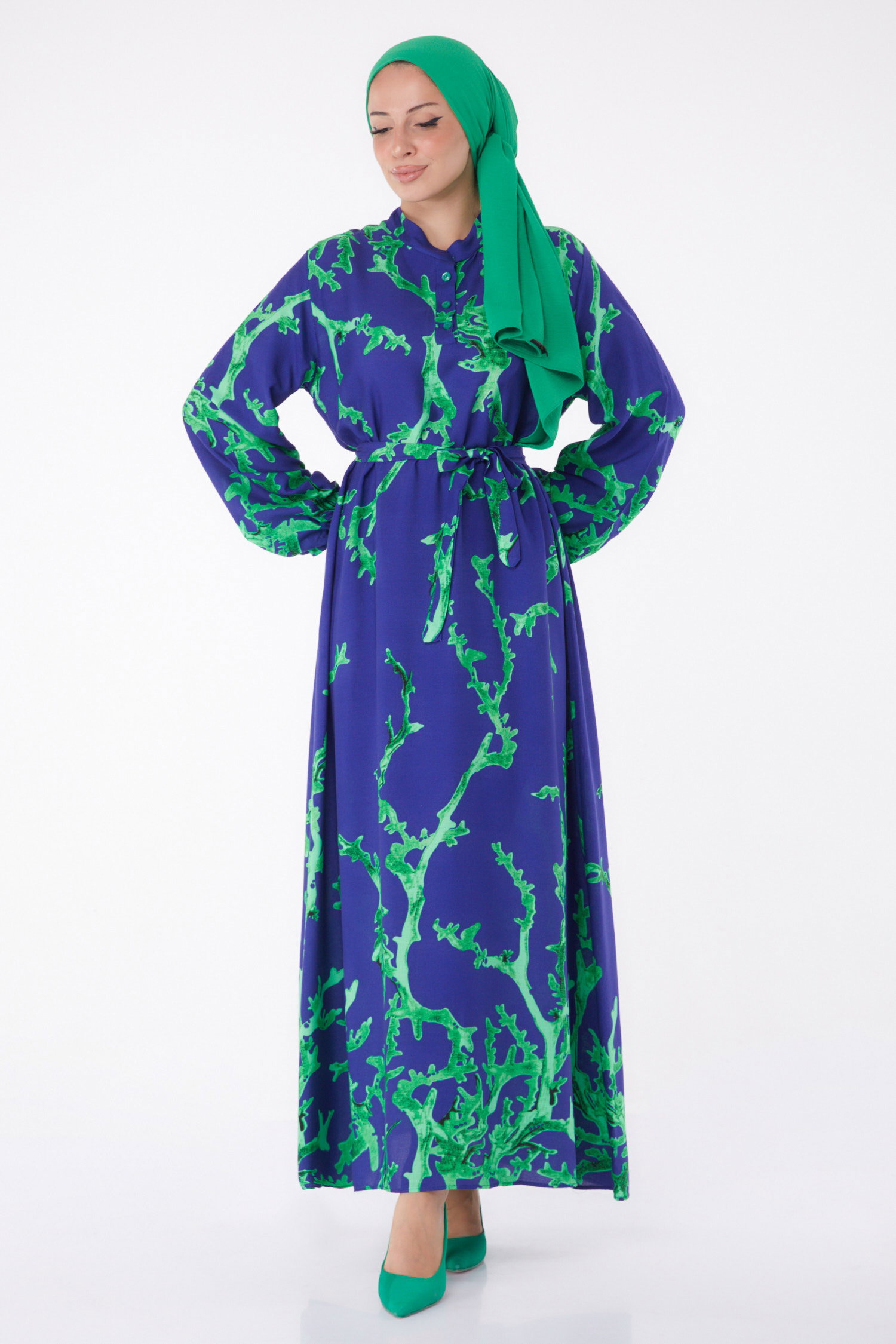Desenli Kuşaklı Elbise Yesil - 25997 - 2