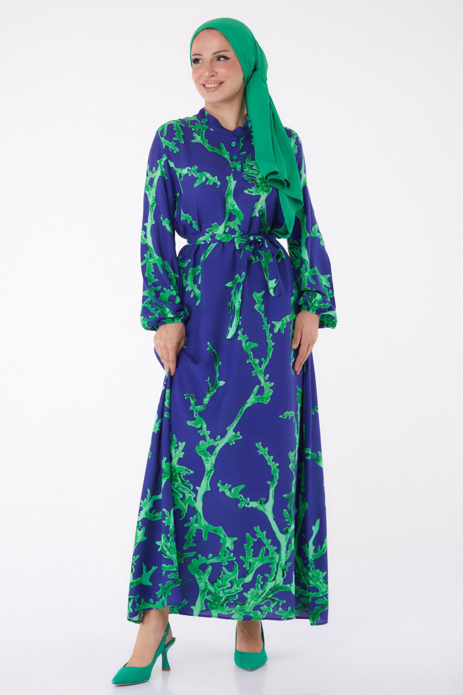 Desenli Kuşaklı Elbise Yesil - 25997 - 3