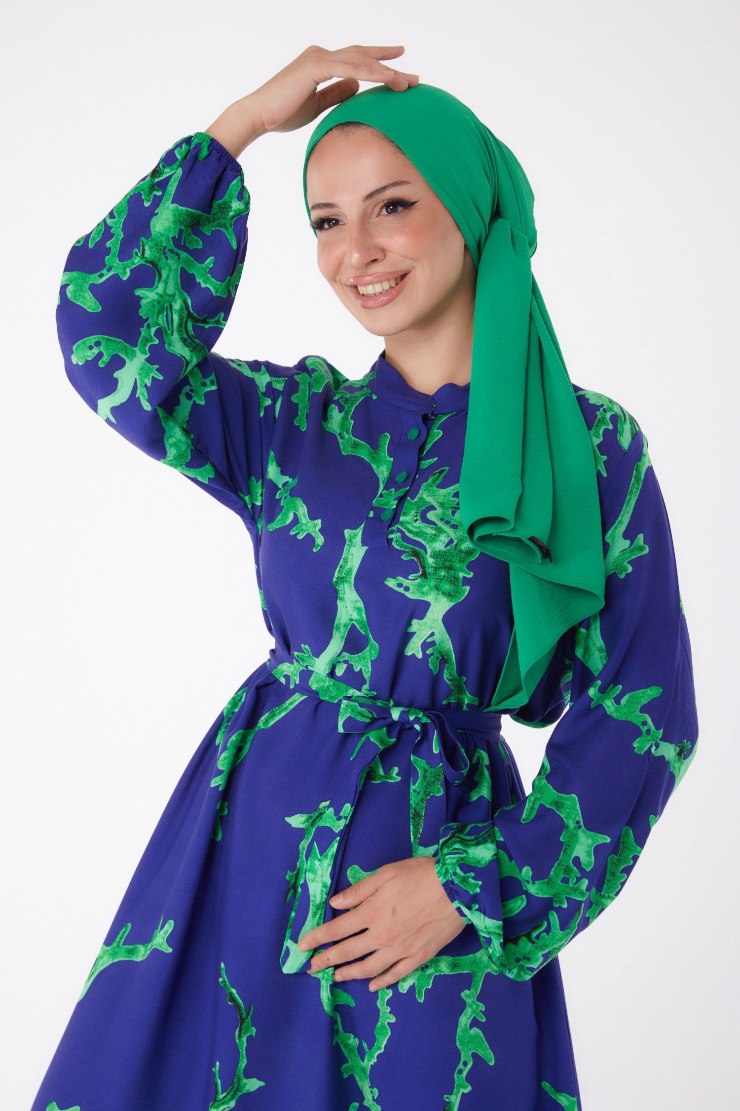 Desenli Kuşaklı Elbise Yesil - 25997 - 4
