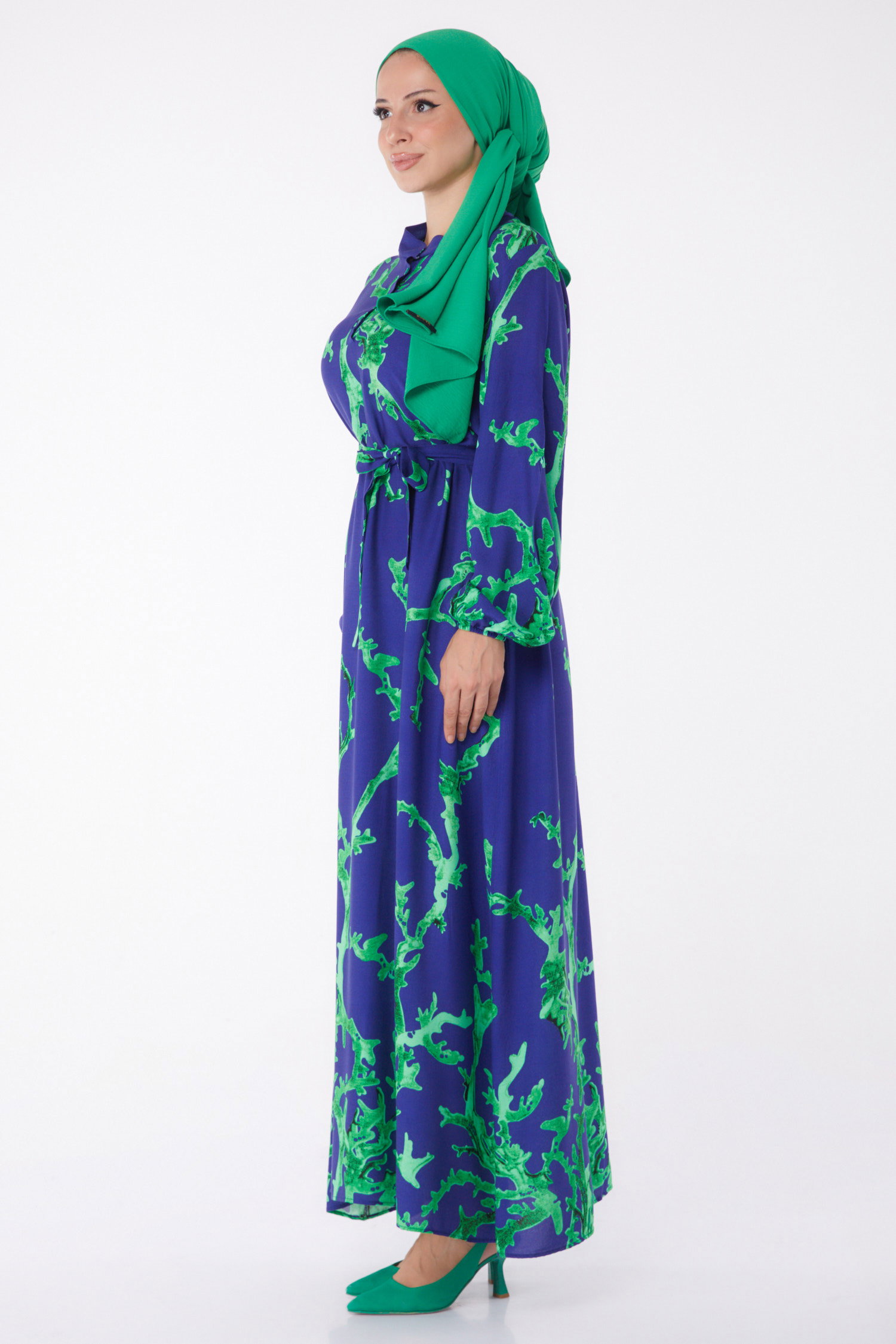 Desenli Kuşaklı Elbise Yesil - 25997 - 5